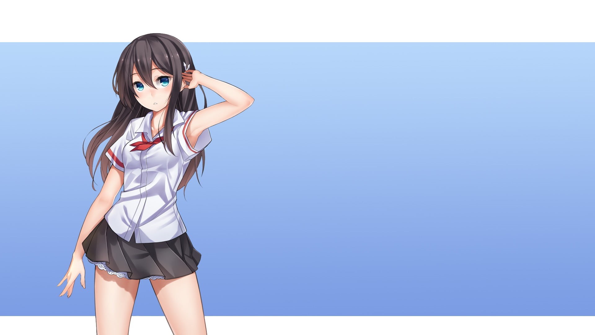 young adult, teenager, long hair, nature, glasses, one person, adult, females, blue, black hair, 1080P, blue eyes, simple background, lifestyles, hair, HD Wallpaper