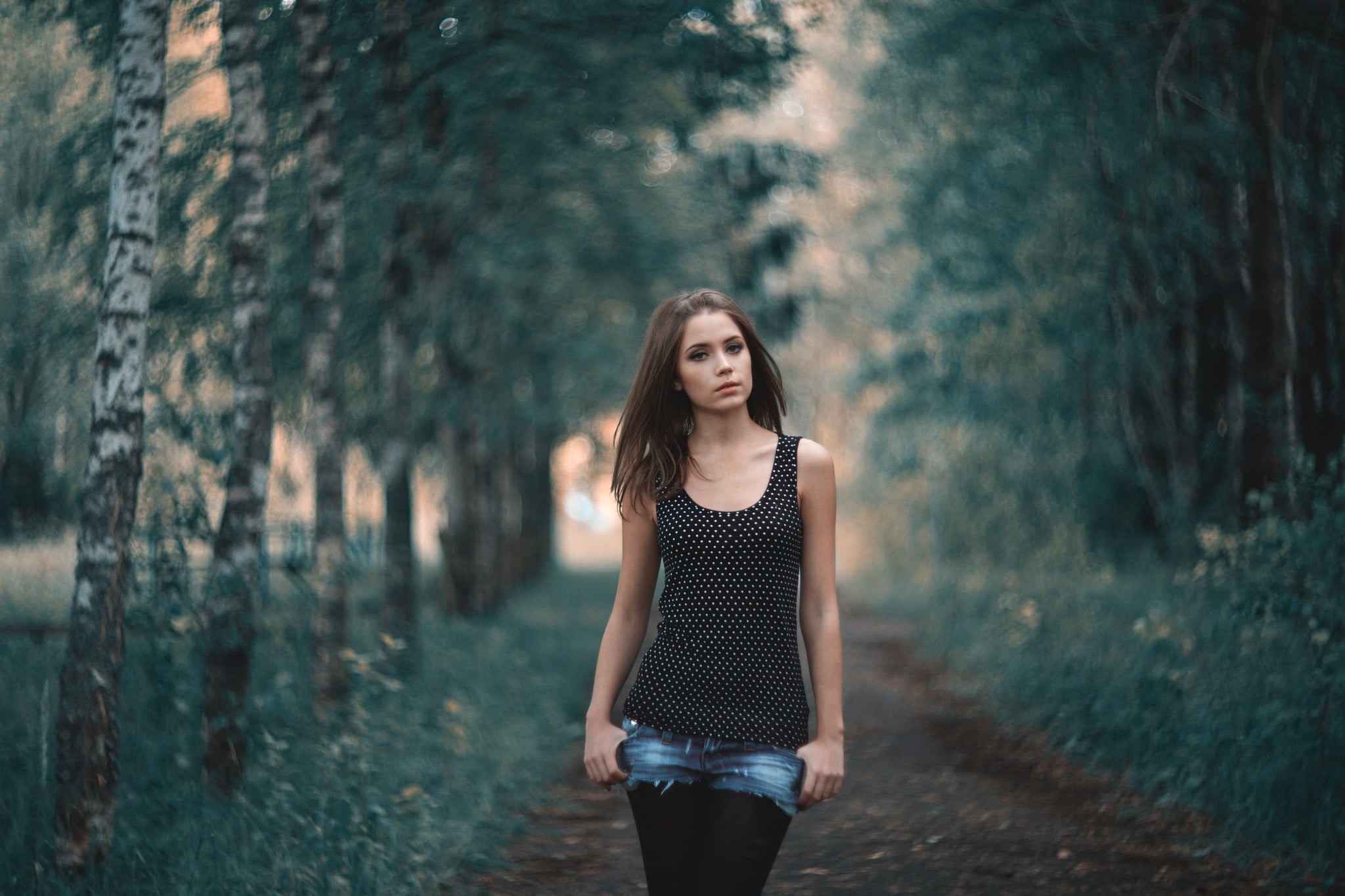 leisure activity, tree, one person, front view, casual clothing, black, Ksenia Kokoreva, nature, land, depth of field, long hair, top, beautiful woman, HD Wallpaper