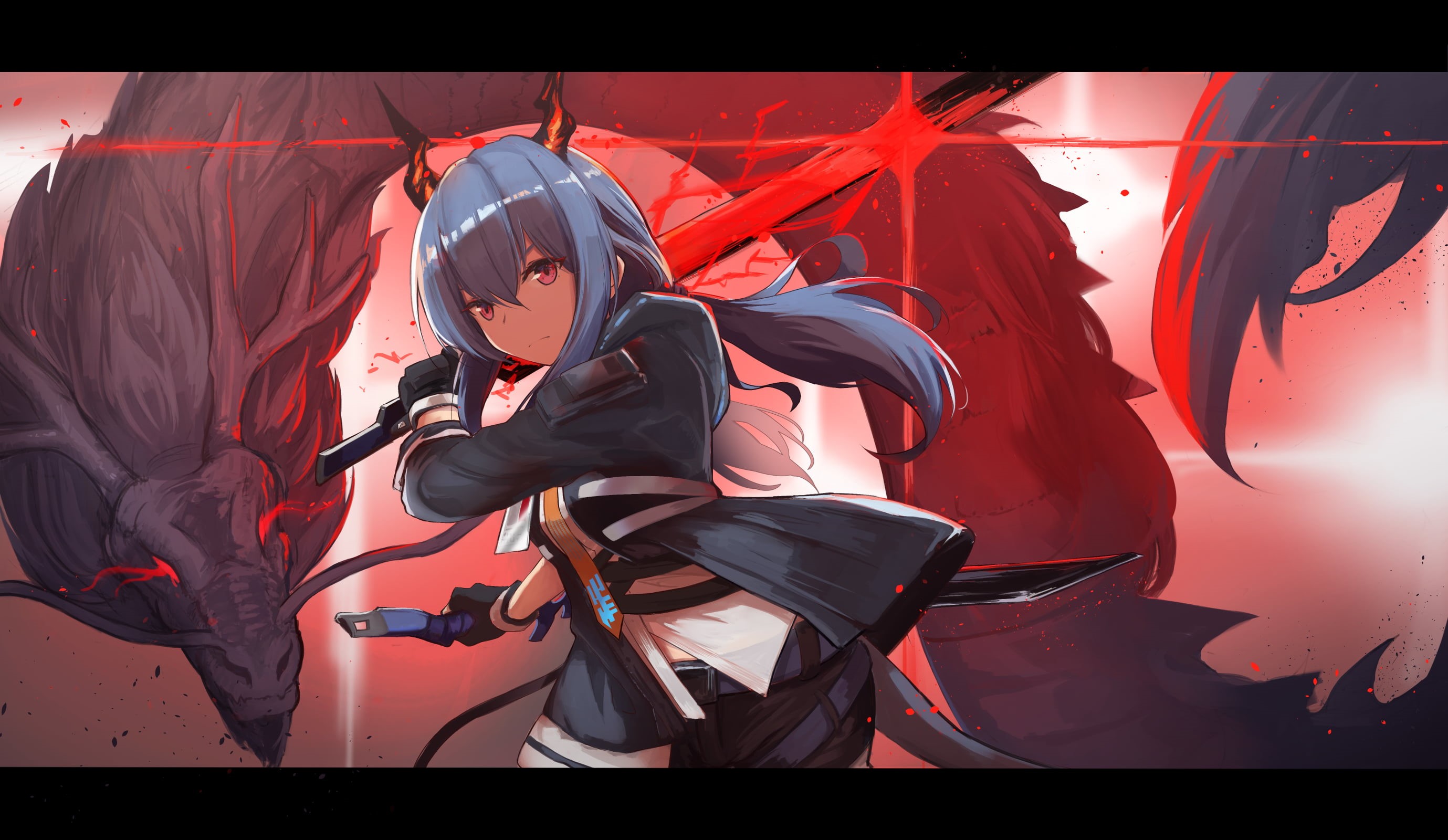 digital art, black gloves, portrait, long hair, Arknights, ponytail, anime, gloves, anime girls, red eyes, 2K, artwork, dragon, sword, blue eyes, HD Wallpaper