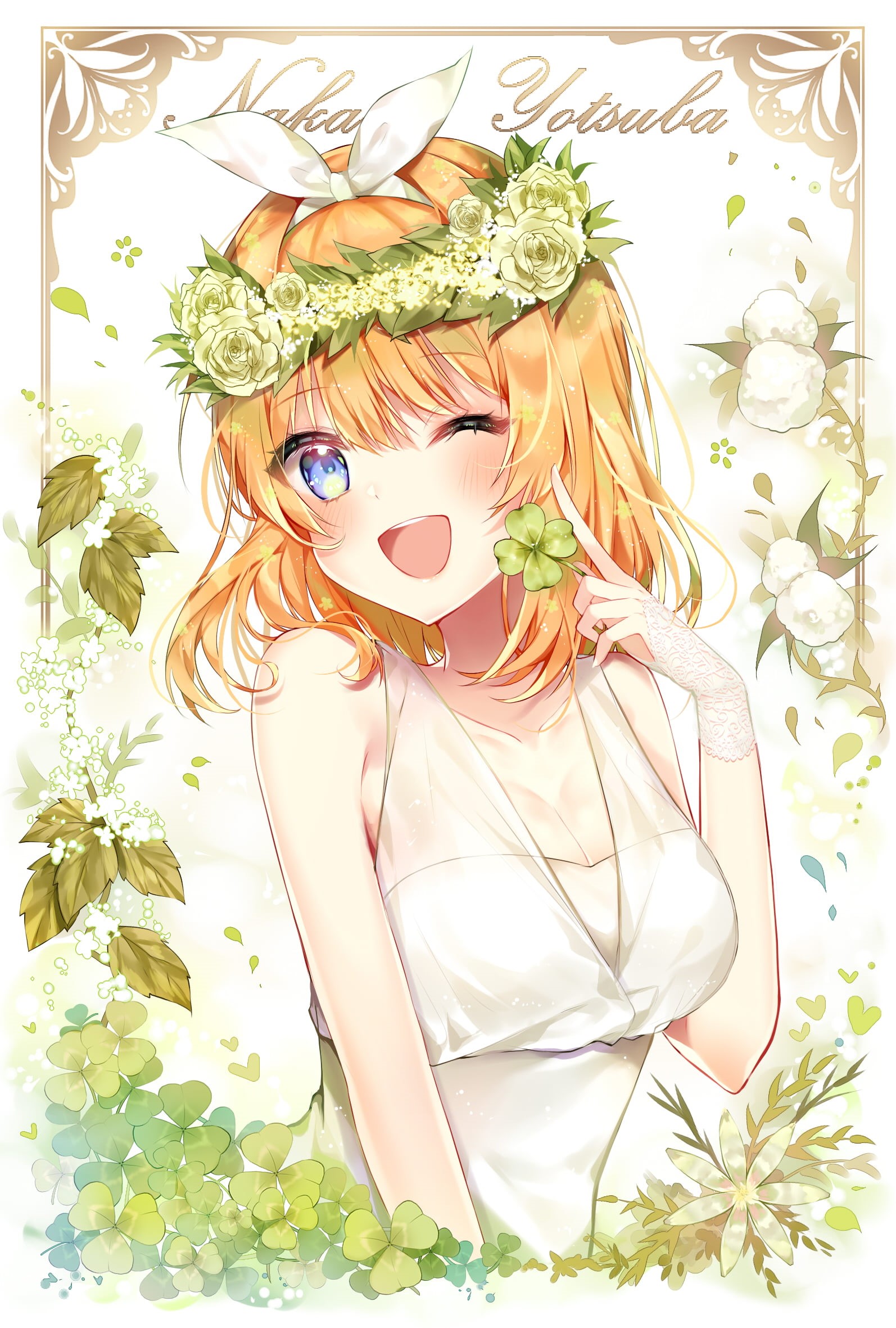 blonde, anime, digital art, short hair, dress, anime girls, blue eyes, vertical, artwork, flowers, Yotsuba, white gloves, Nakano, simple background, 1080P, Phone HD Wallpaper