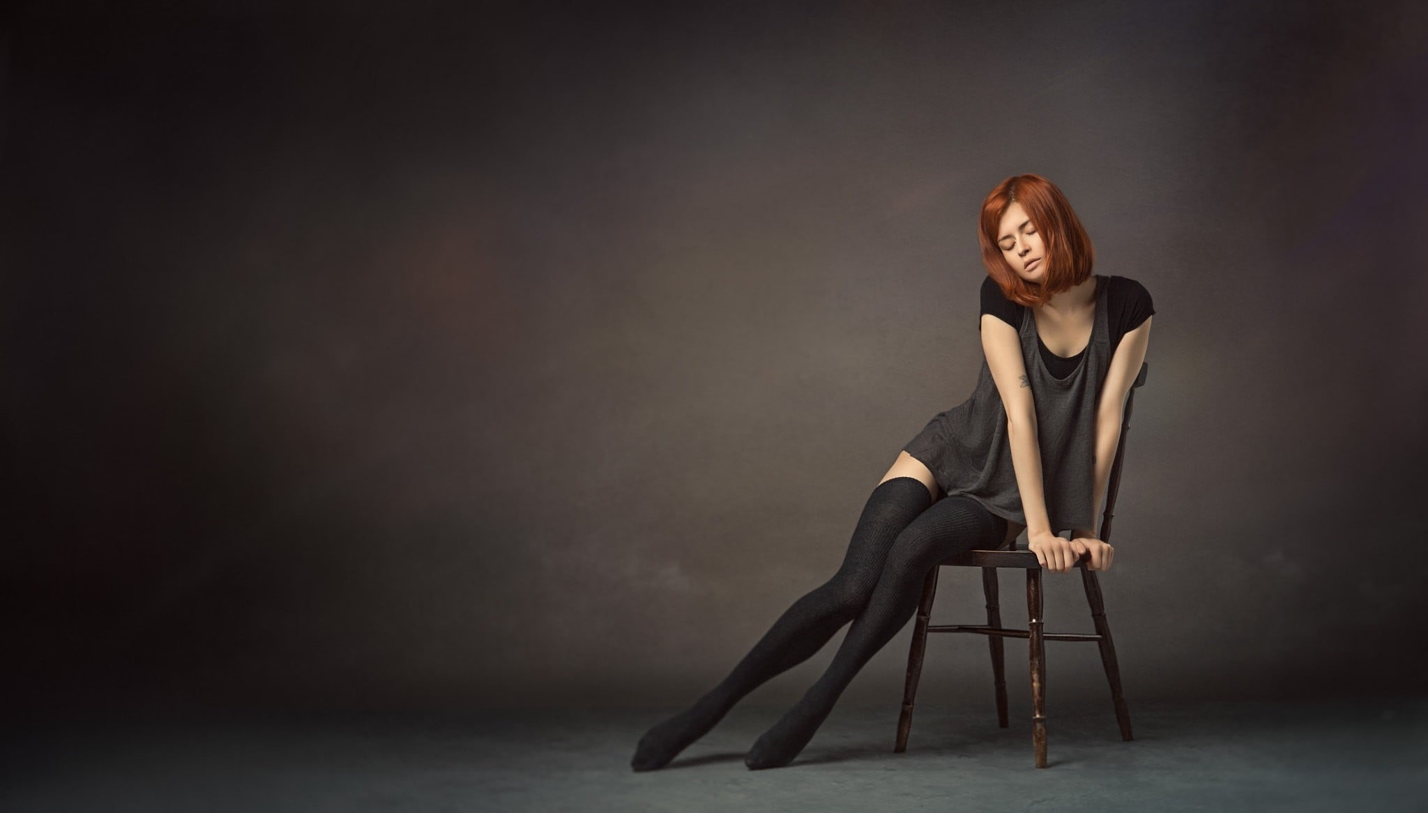 one person, indoors, fashion, contemplation, beauty, sleeved, full length, dress, redhead, studio shot, seat, beautiful woman, closed eyes, short hair, HD Wallpaper