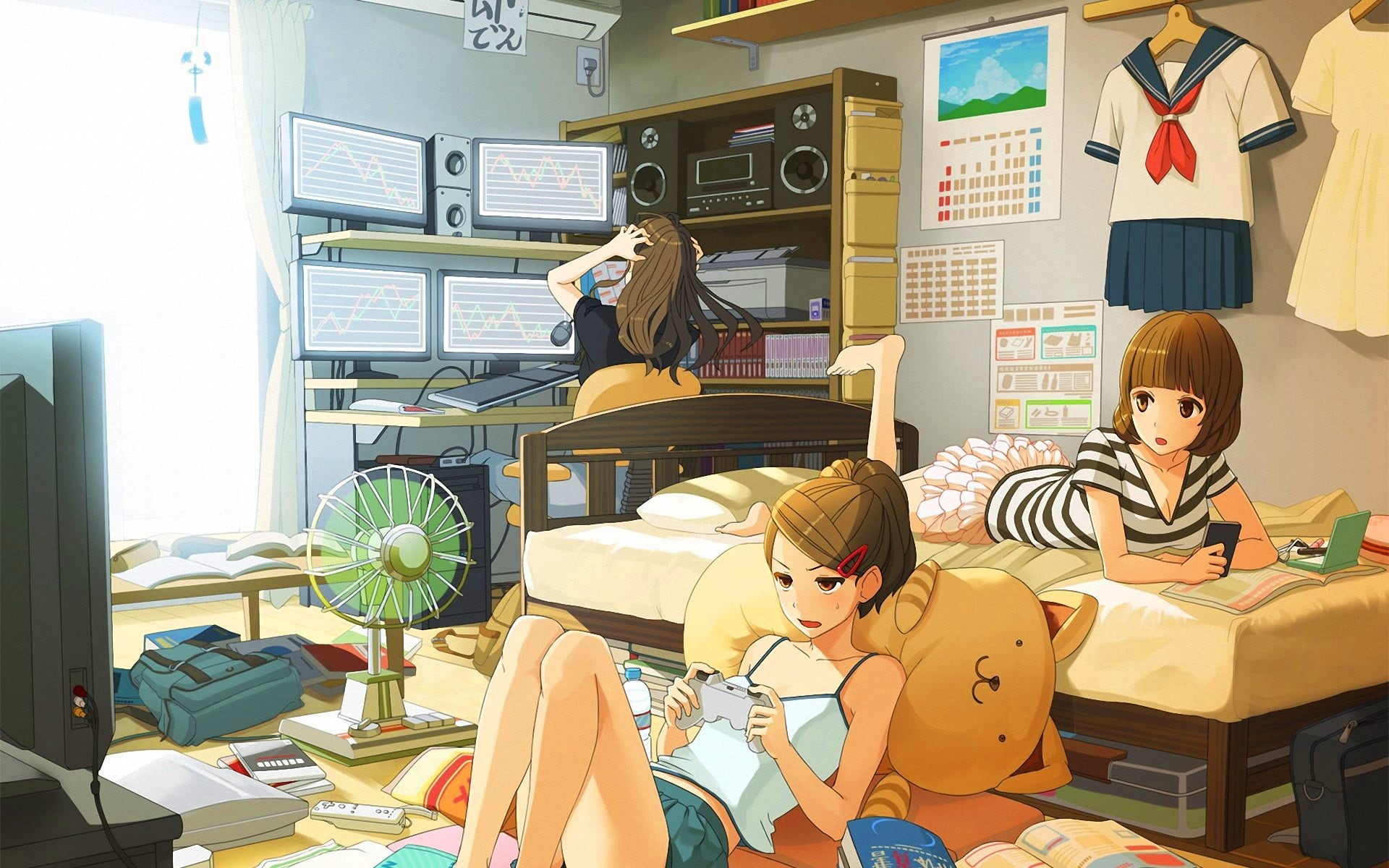 women, Japan, business, original characters, men, indoors, room, 1080P, people, desk, technology, anime girls, anime, communication, toys, brunette, adult, HD Wallpaper
