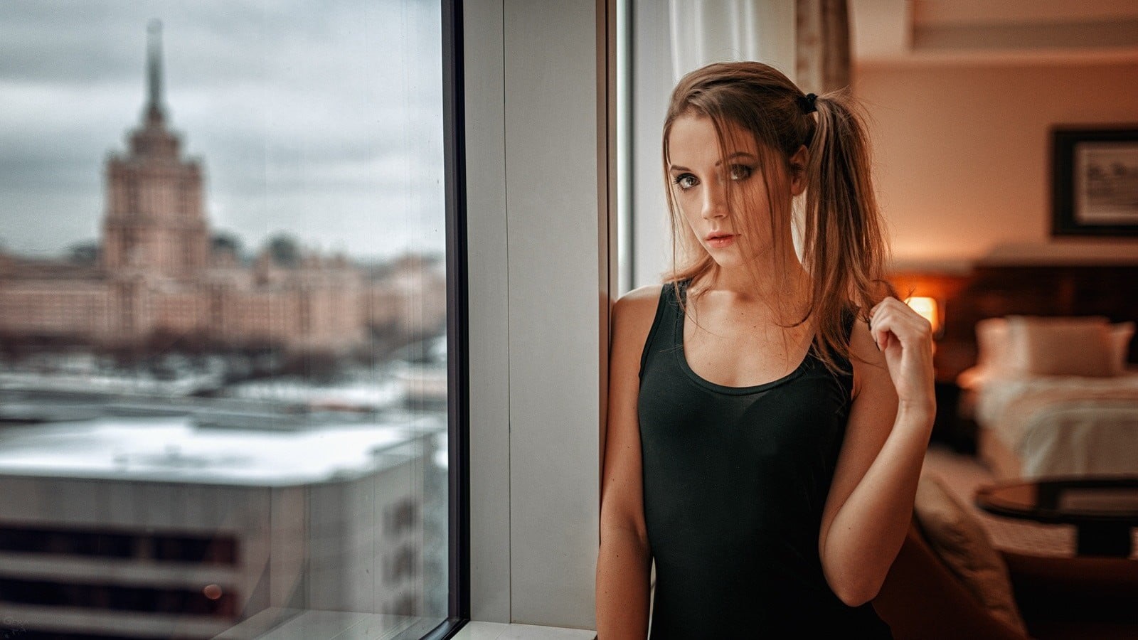 waist up, black, adult, tank top, looking at viewer, beautiful woman, young women, lifestyles, built structure, looking, architecture, 720P, Georgy Chernyadyev, HD Wallpaper