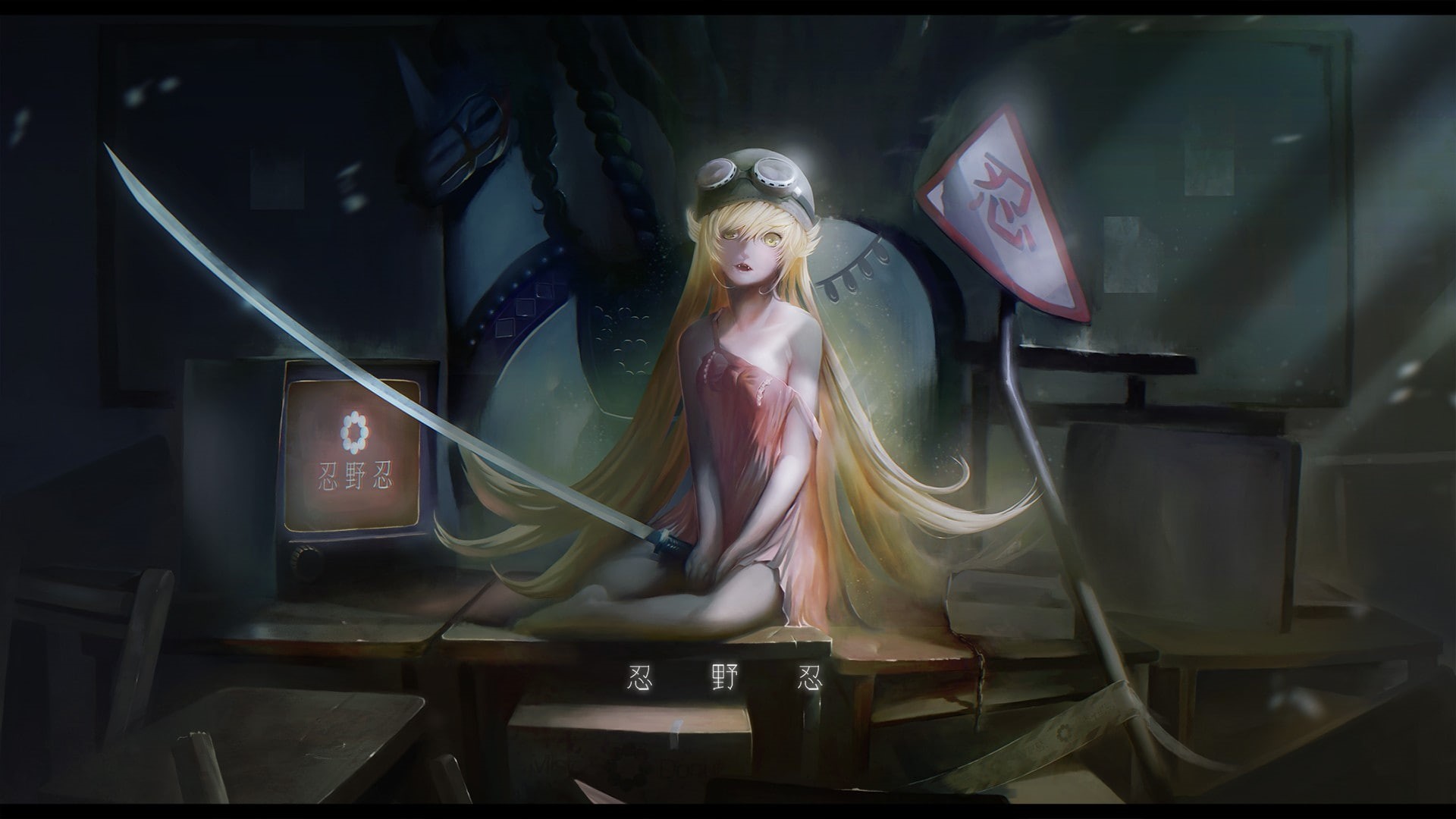 indoors, female likeness, illuminated, sword, barefoot, horror, real people, adult, transfer print, one person, auto post production filter, women, Monogatari Series, HD Wallpaper