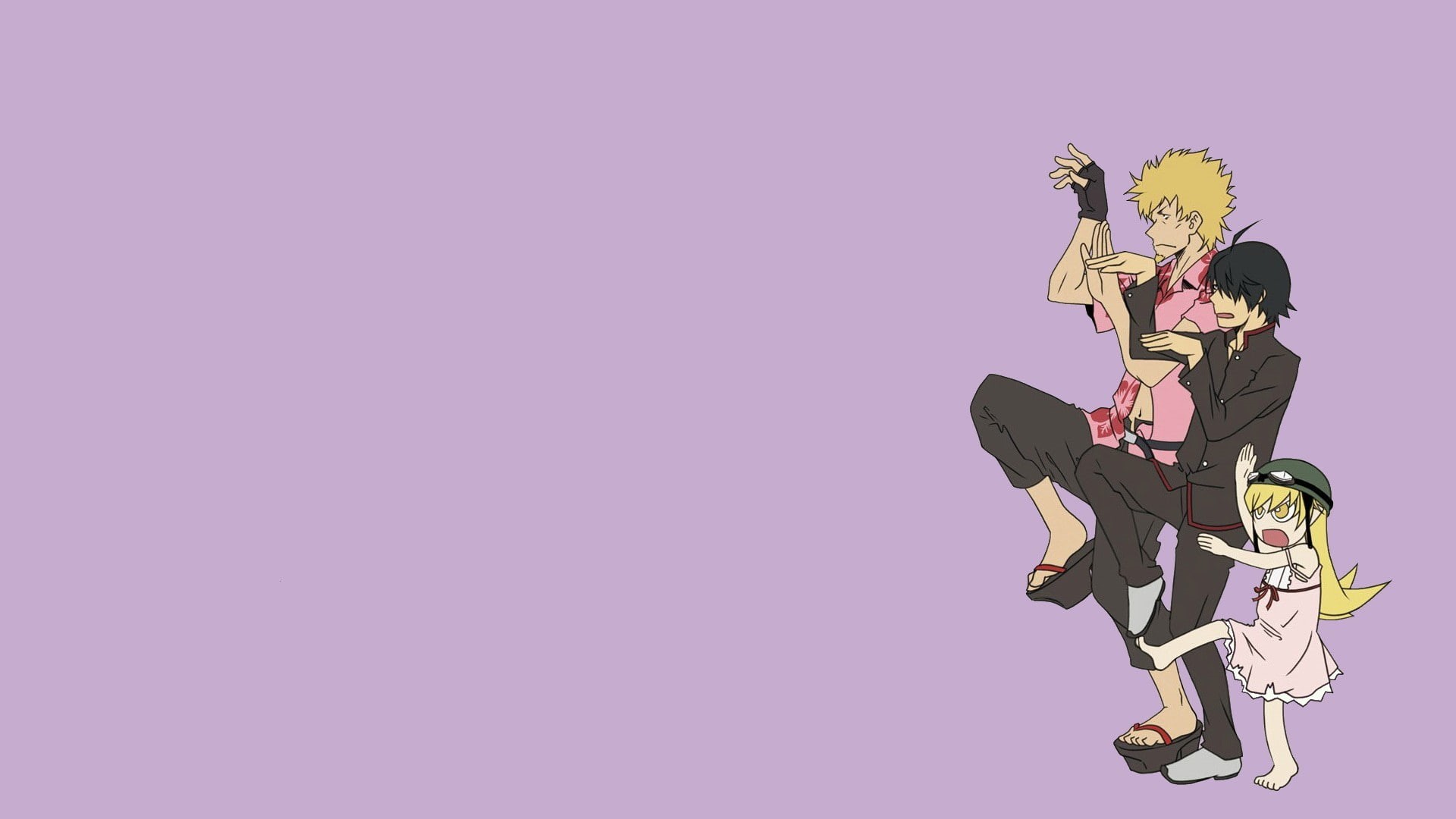 Araragi Koyomi, adult, Oshino Meme, two people, women, colored background, emotion, full length, happiness, fun, child, love, men, 1080P, males, purple, HD Wallpaper