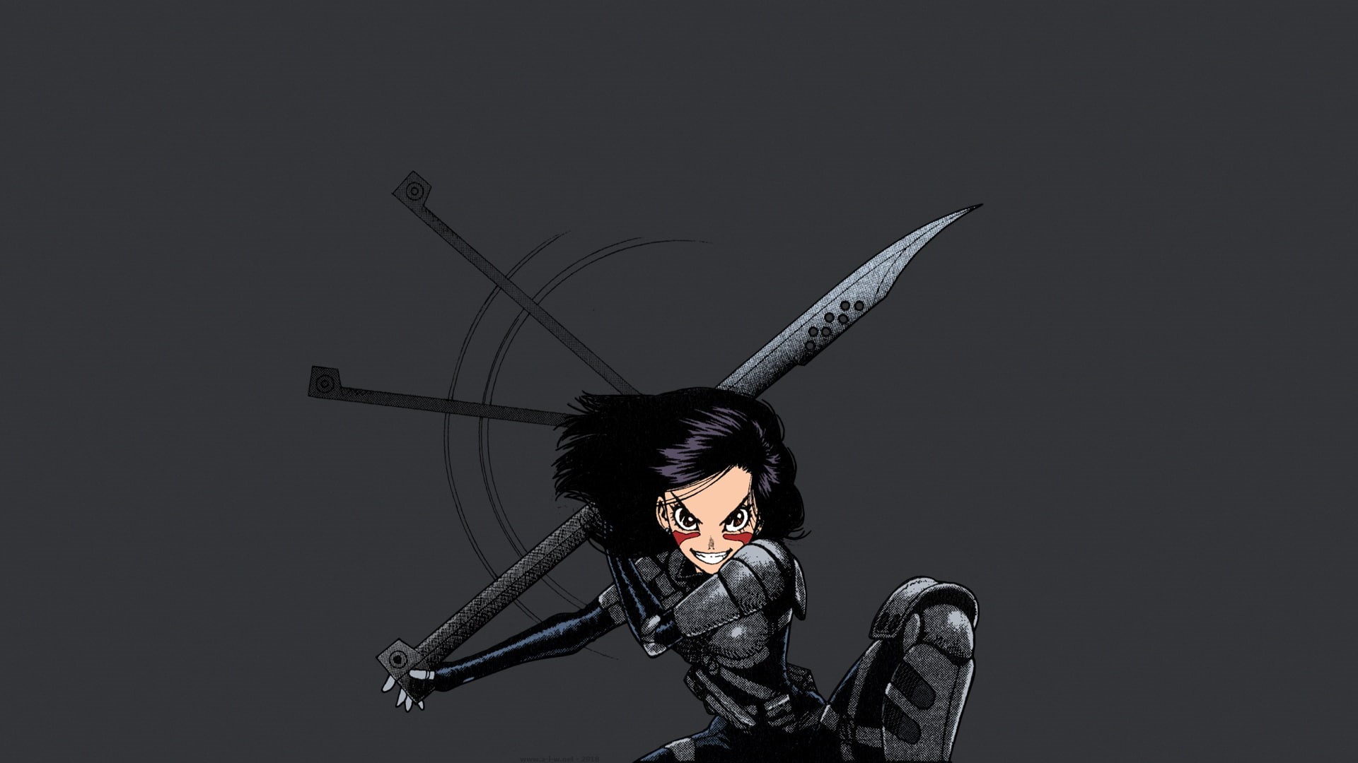 Gally, adult, gun, copy space, three quarter length, real people, GUNNM, Battle Angel Alita, manga, young adult, aiming, short hair, 1080P, cyborg, black background, HD Wallpaper