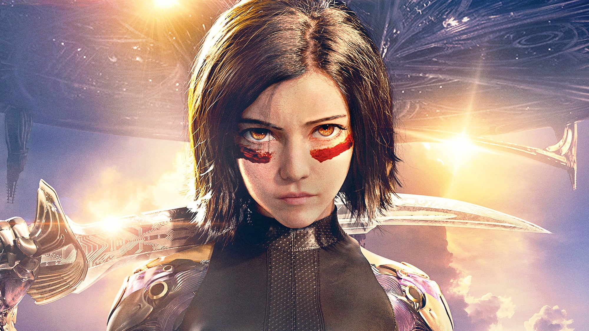 look, armor, Rosa Salazar, Alita: Battle Angel, background, fiction, 1080P, the sun, Alita, hairstyle, the sky, sword, spaceship, girl, Alita: the Battle angel, HD Wallpaper