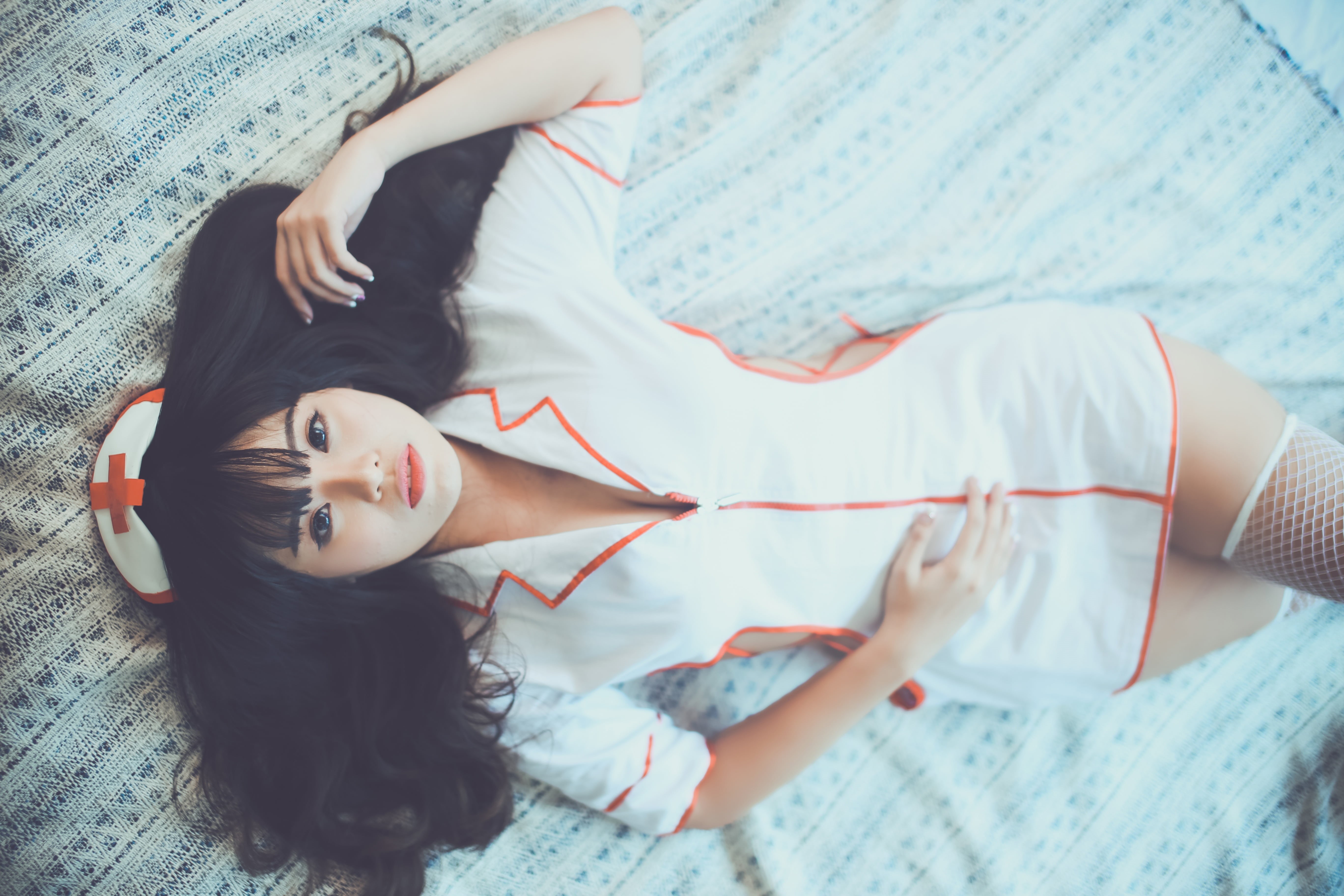 leisure activity, lying down, lifestyles, full length, uniform, textile, woman, only women, bed, female, one person, real people, one young woman only, HD Wallpaper