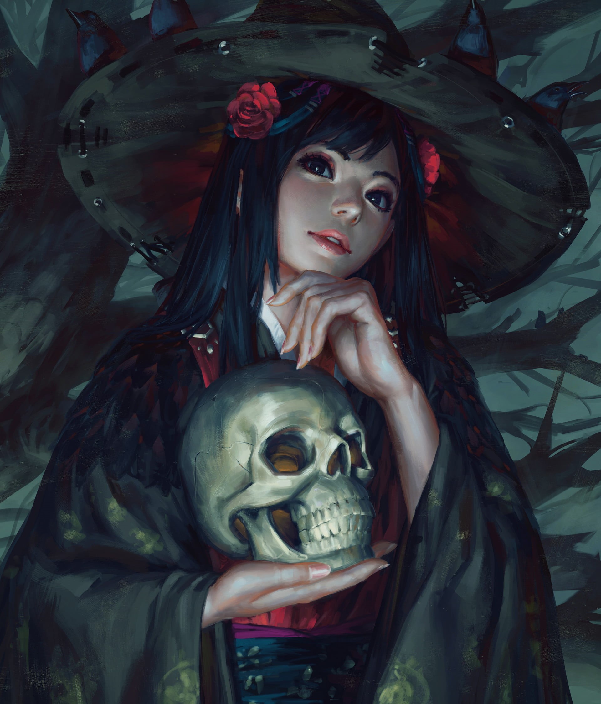 beautiful woman, witch, females, looking at camera, make-up, Z.W. Gu, hairstyle, skull, fashion, indoors, adult, clothing, portrait, mantle, flowers, human skeleton, Phone HD Wallpaper