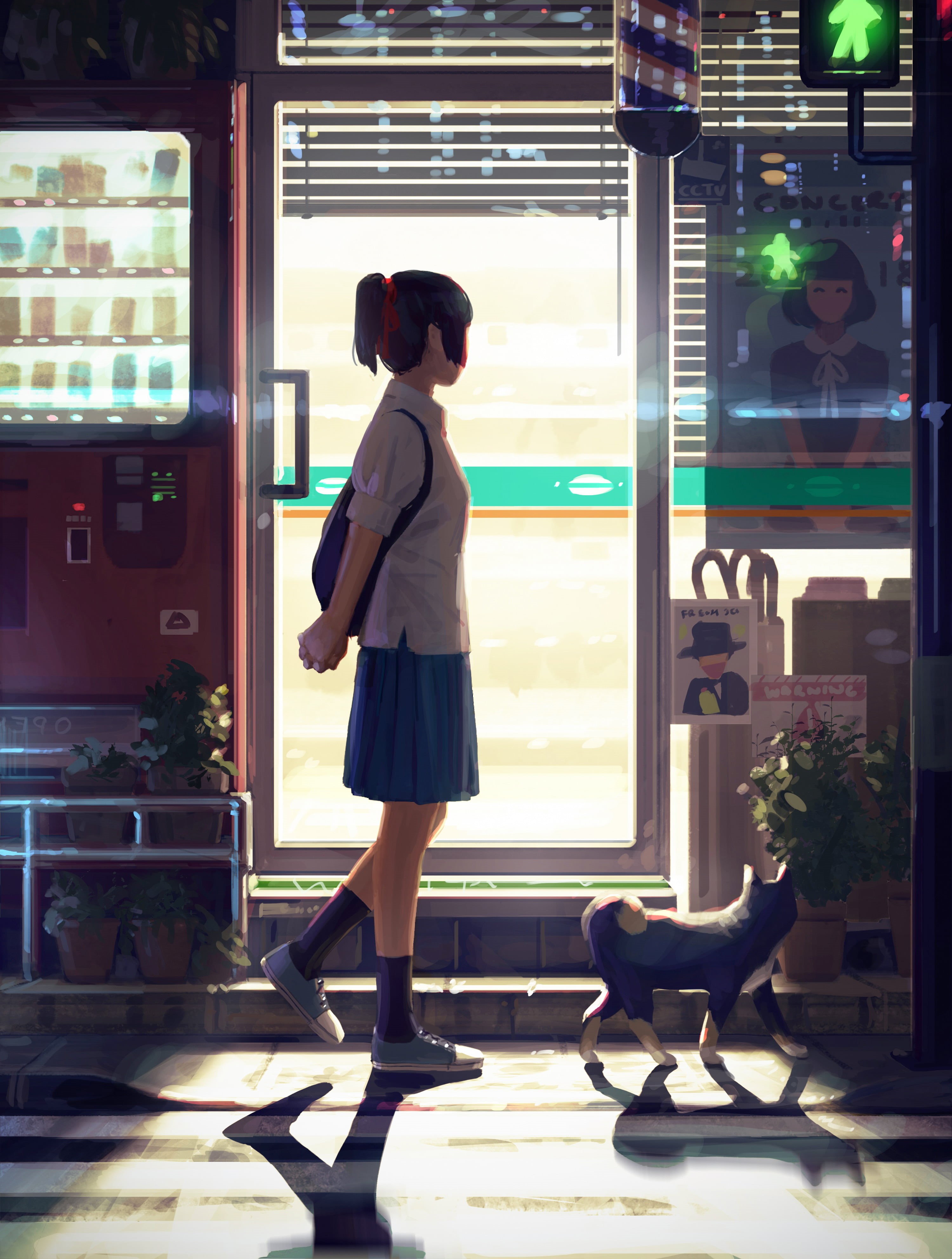 artwork, anime, digital art, night, pet, walking, vending machine, school uniform, original characters, anime girls, GUWEIZ, black hair, drawing, schoolgirl, Phone HD Wallpaper