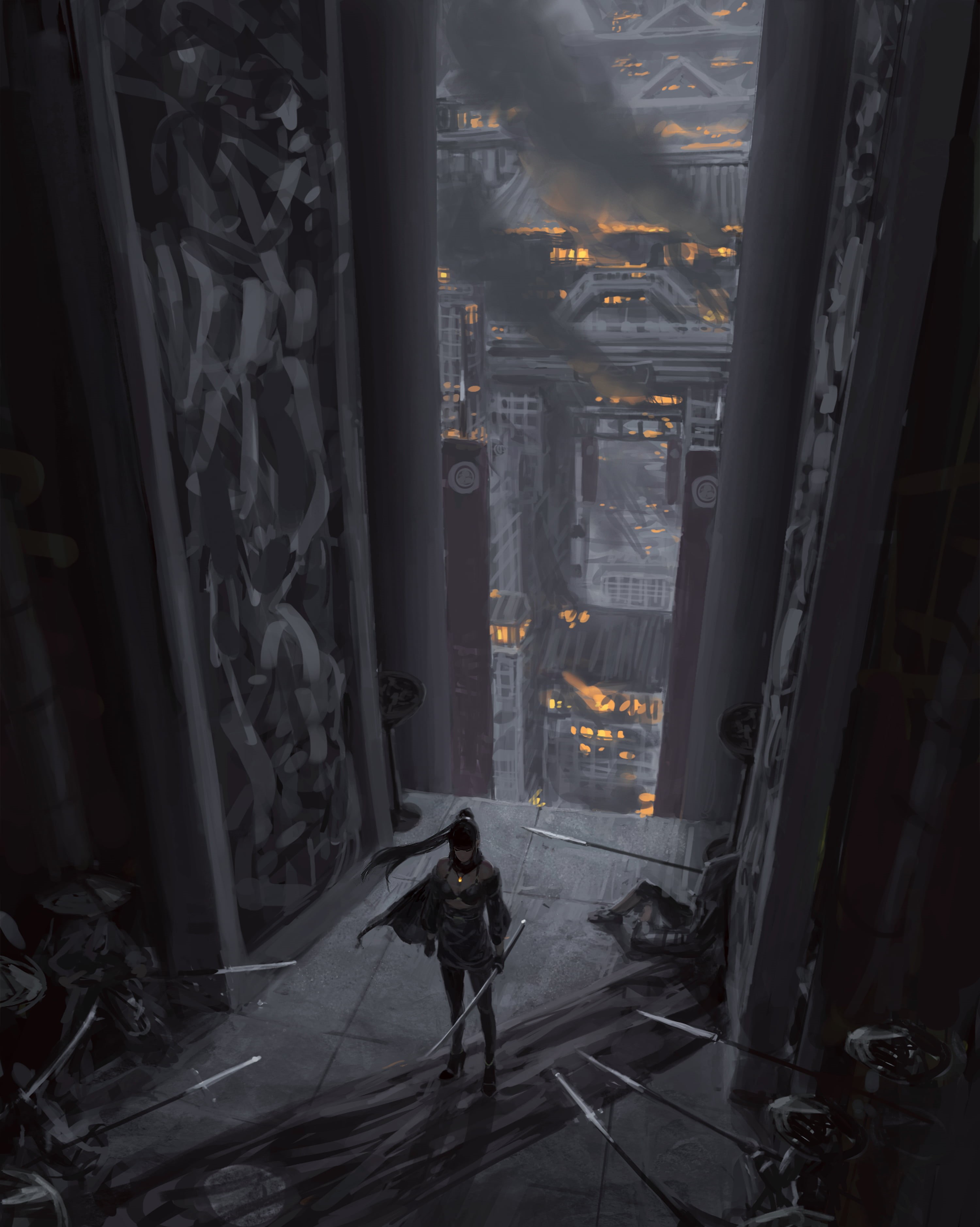 Z.W. Gu, GUWEIZ, warrior girls, ponytail, artwork, black hair, vertical, fantasy girl, high angle, original characters, illustration, women, fire, drawing, Phone HD Wallpaper