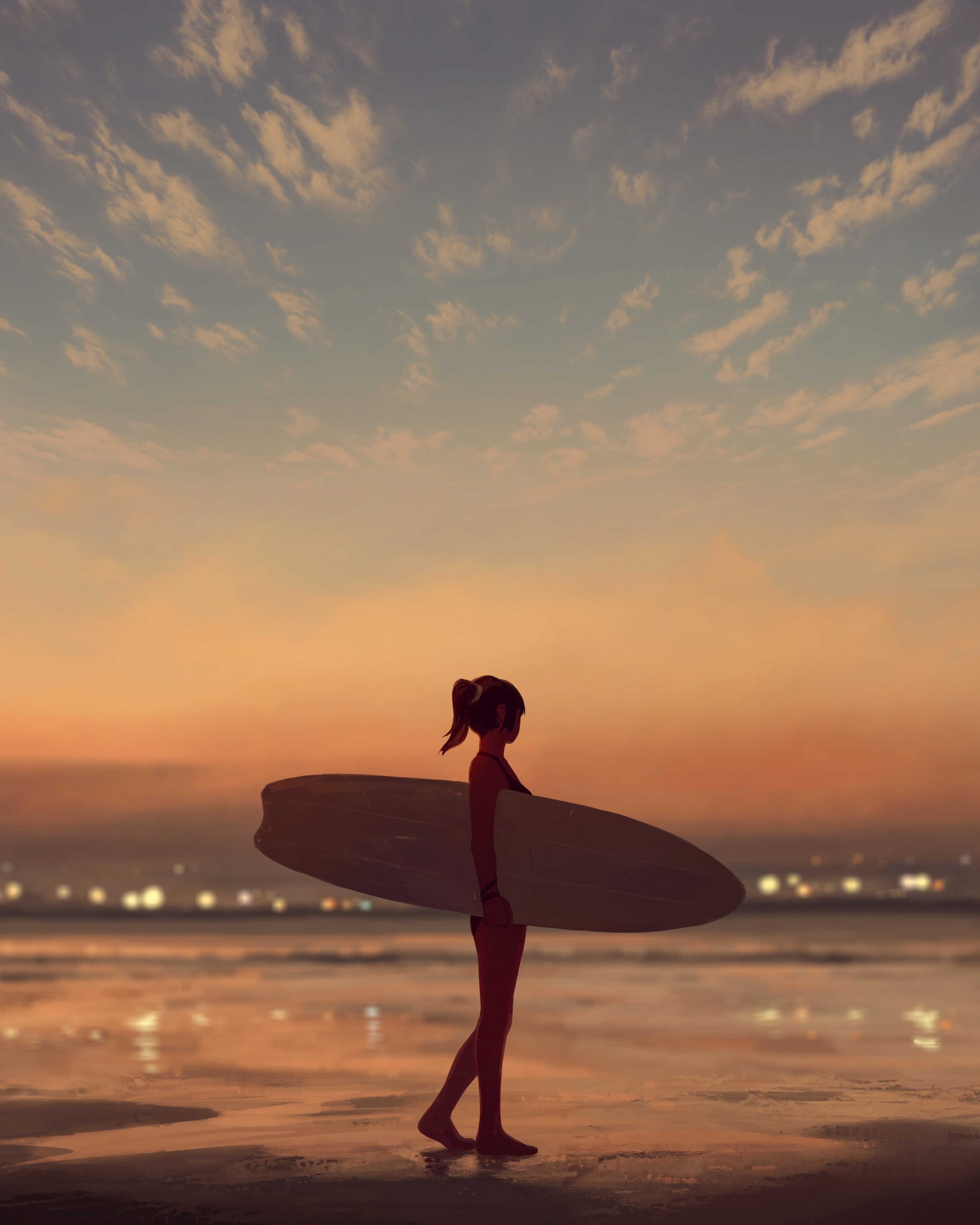 lights, women on beach, concept art, swimwear, drawing, 2K, side view, ponytail, sky, original characters, GUWEIZ, surfboards, sunset, women, depth of field, Phone HD Wallpaper