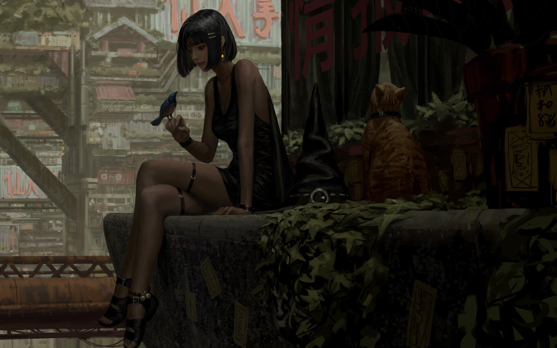 fantasy art, 1080P, cats, Z.W. Gu, women, witch hat, slum, Japanese, birds, eastern, HD Wallpaper