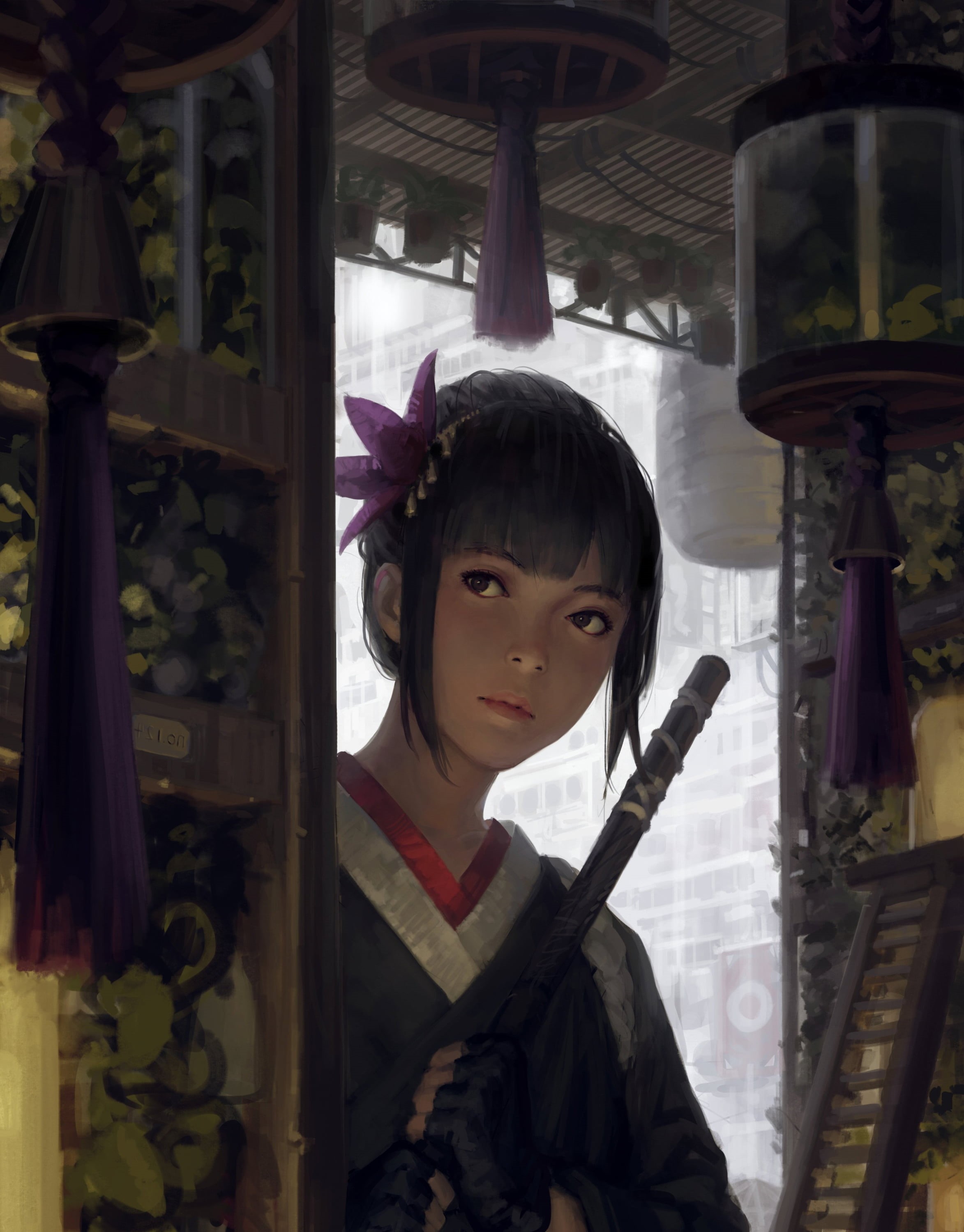 2K, bangs, artwork, looking away, portrait display, Z.W. Gu, kimono, 2D, fingerless gloves, GUWEIZ, original characters, vertical, digital art, women, Phone HD Wallpaper