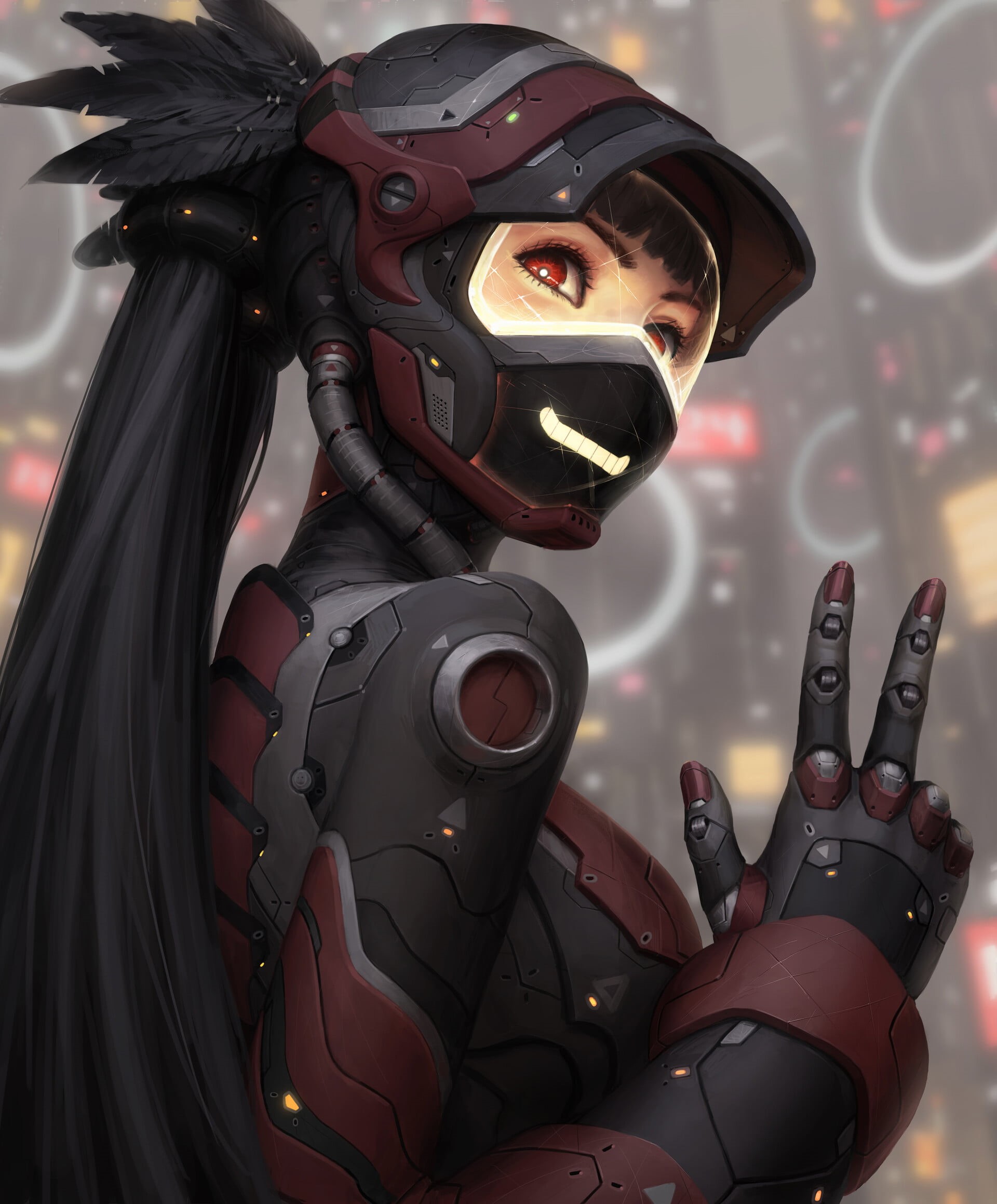 fantasy painting, 2D, peace sign, women, fingers, original characters, concept art, portrait display, GUWEIZ, side view, mask, artwork, science fiction, Phone HD Wallpaper