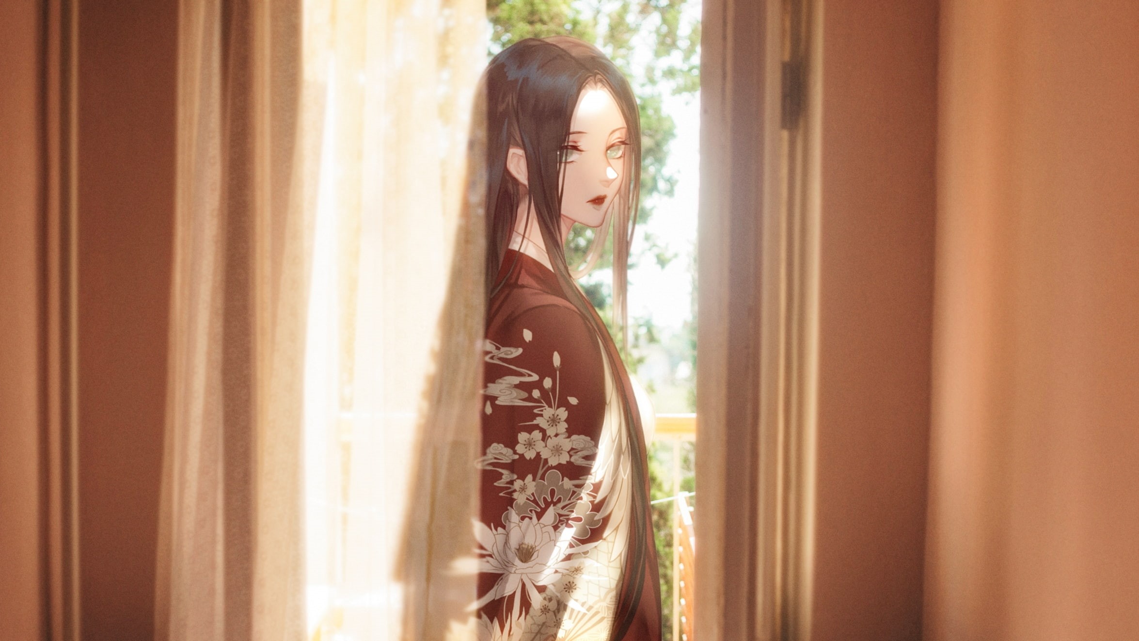 contemplation, sunlight, women, portrait, irl, day, brown hair, young adult, hairstyle, 1080P, lifestyles, standing, young women, looking, window, home interior, HD Wallpaper