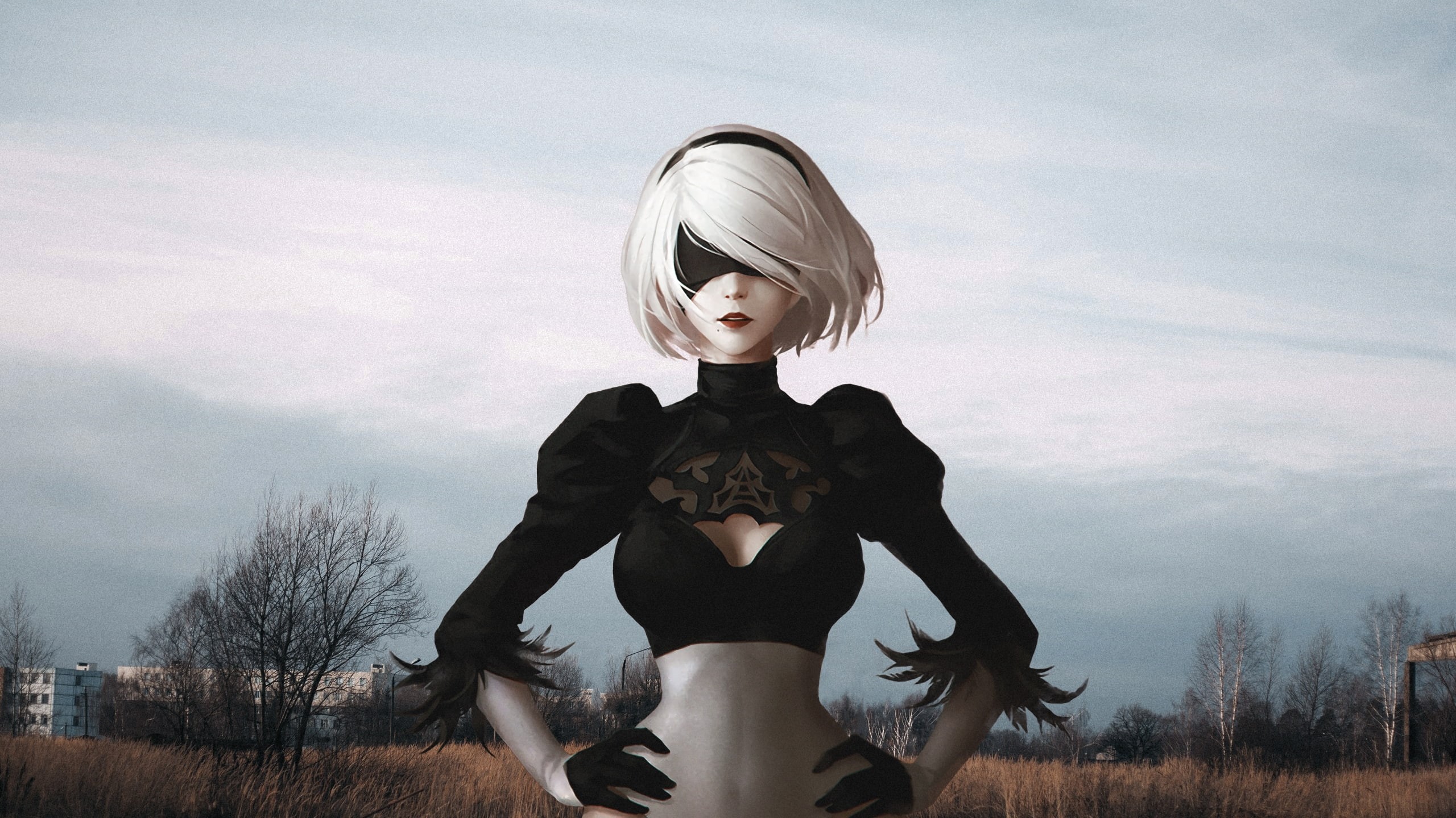 anime, 2D, low angle view, hairstyle, tree, young women, irl, 2B, bare tree, three quarter length, 2K, one person, cloud - sky, representation, plant, HD Wallpaper
