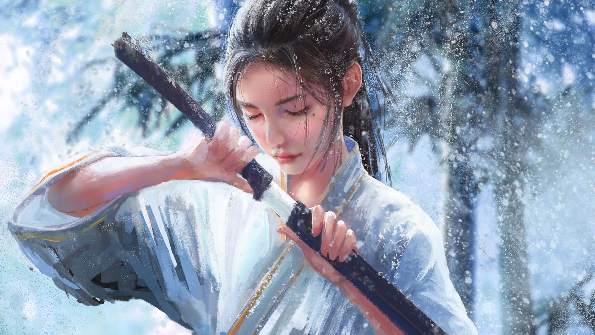 sword, illustration, katana, 1080P, woman, ponytail, kimono, japanese women, artwork, snow, girl, HD Wallpaper