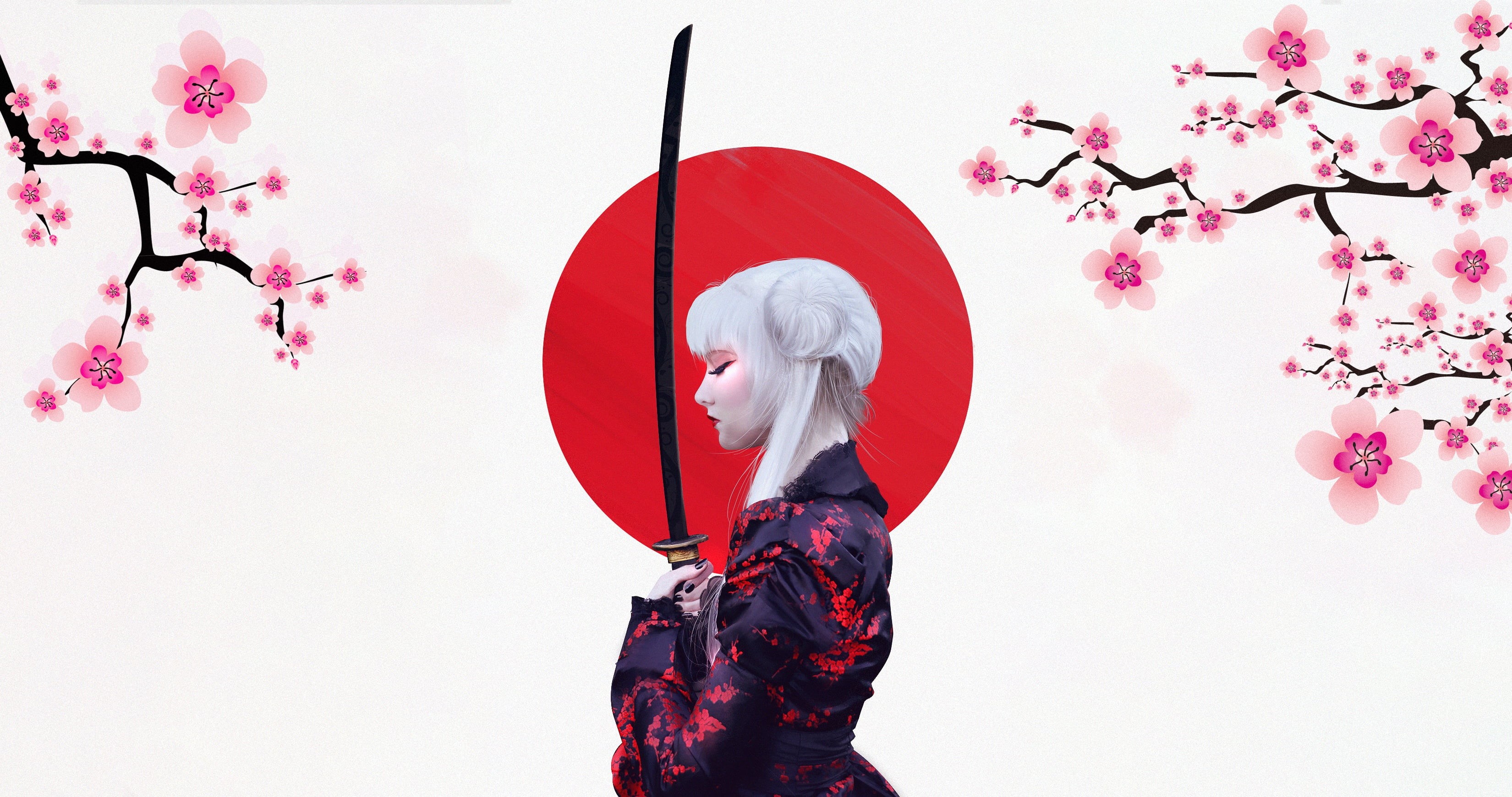 Illustration, by Abrar Khan, Background, Abrar Khan, 2K, Japanese, Japan, Sword, The sun, Girl, Sakura, Art, Characters, Katana, Minimalism, HD Wallpaper