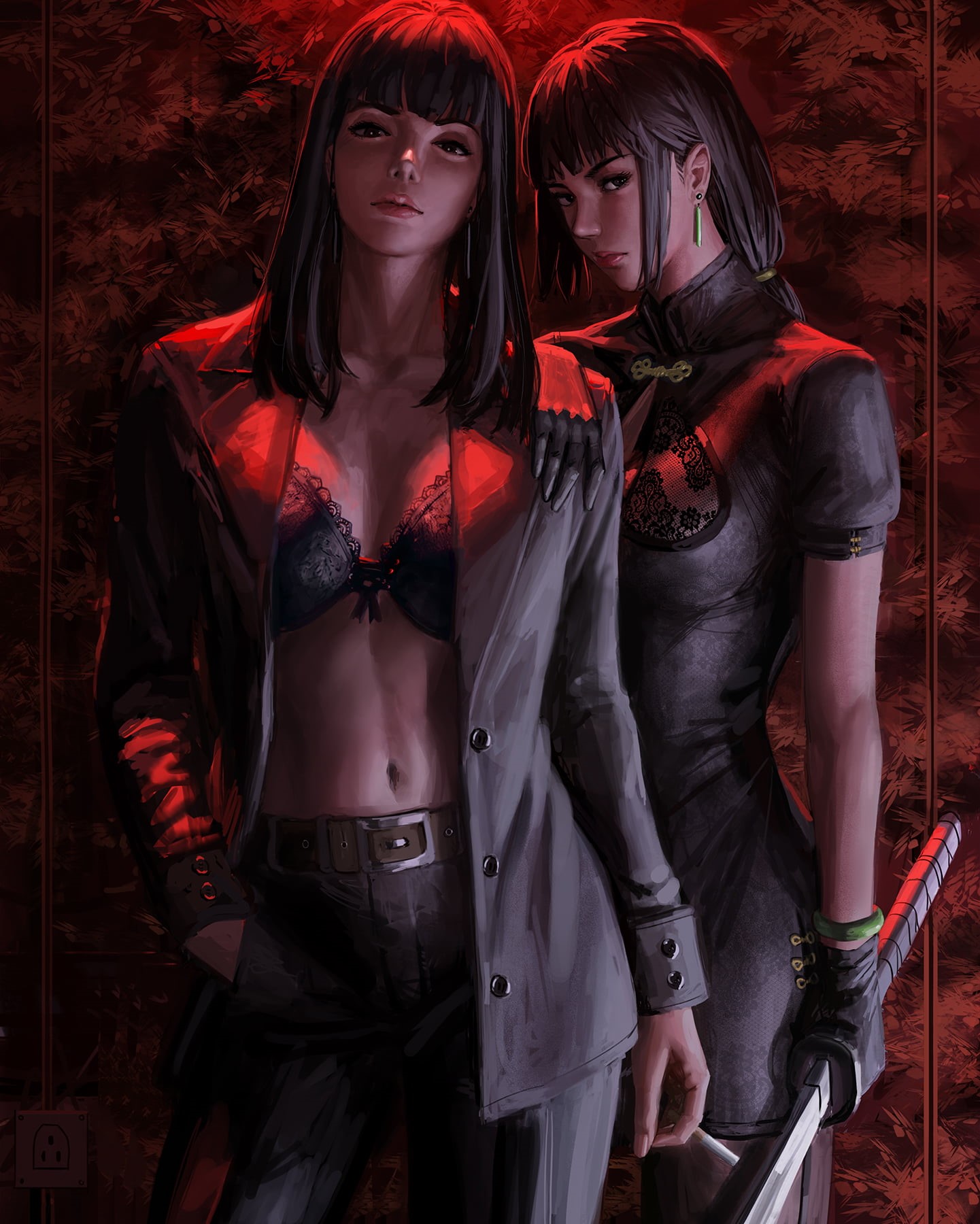 fictional characters, twins, GUWEIZ, 720P, digital art, artwork, drawing, Bad guys, cigarettes, fictional character, katana, red leaves, leaves, black, Phone HD Wallpaper