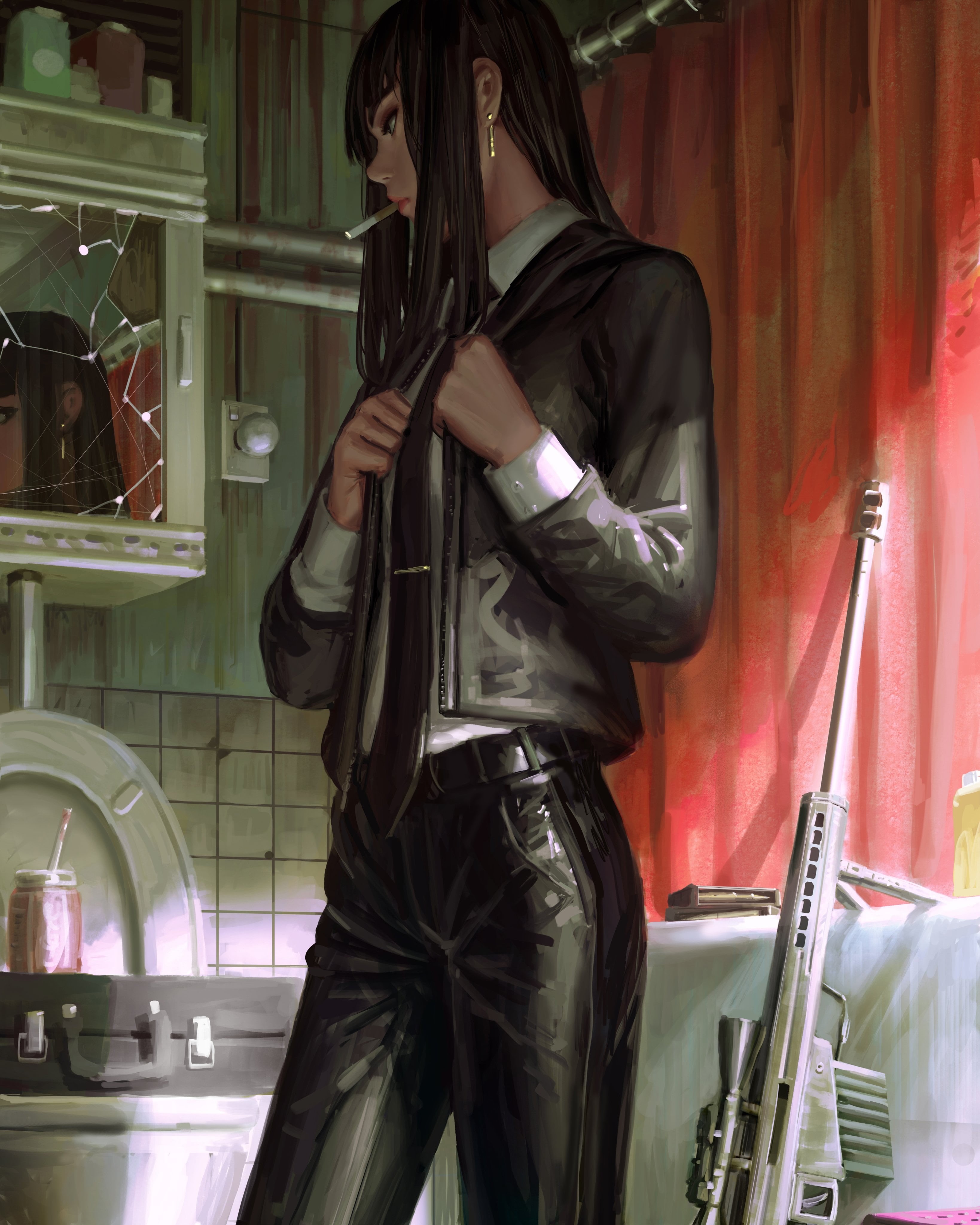 GUWEIZ, anime girls, Bad guys, anime, 4K, smoking, Phone HD Wallpaper