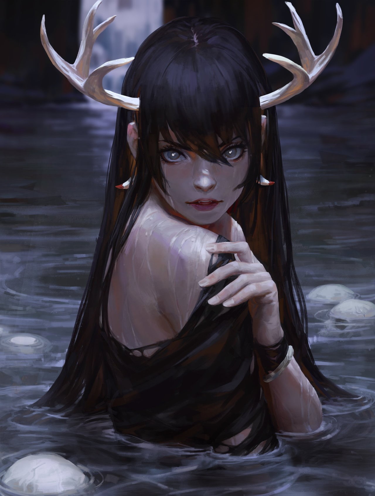 720P, wet clothing, fangs, GUWEIZ, black hair, gray eyes, women, antlers, Phone HD Wallpaper