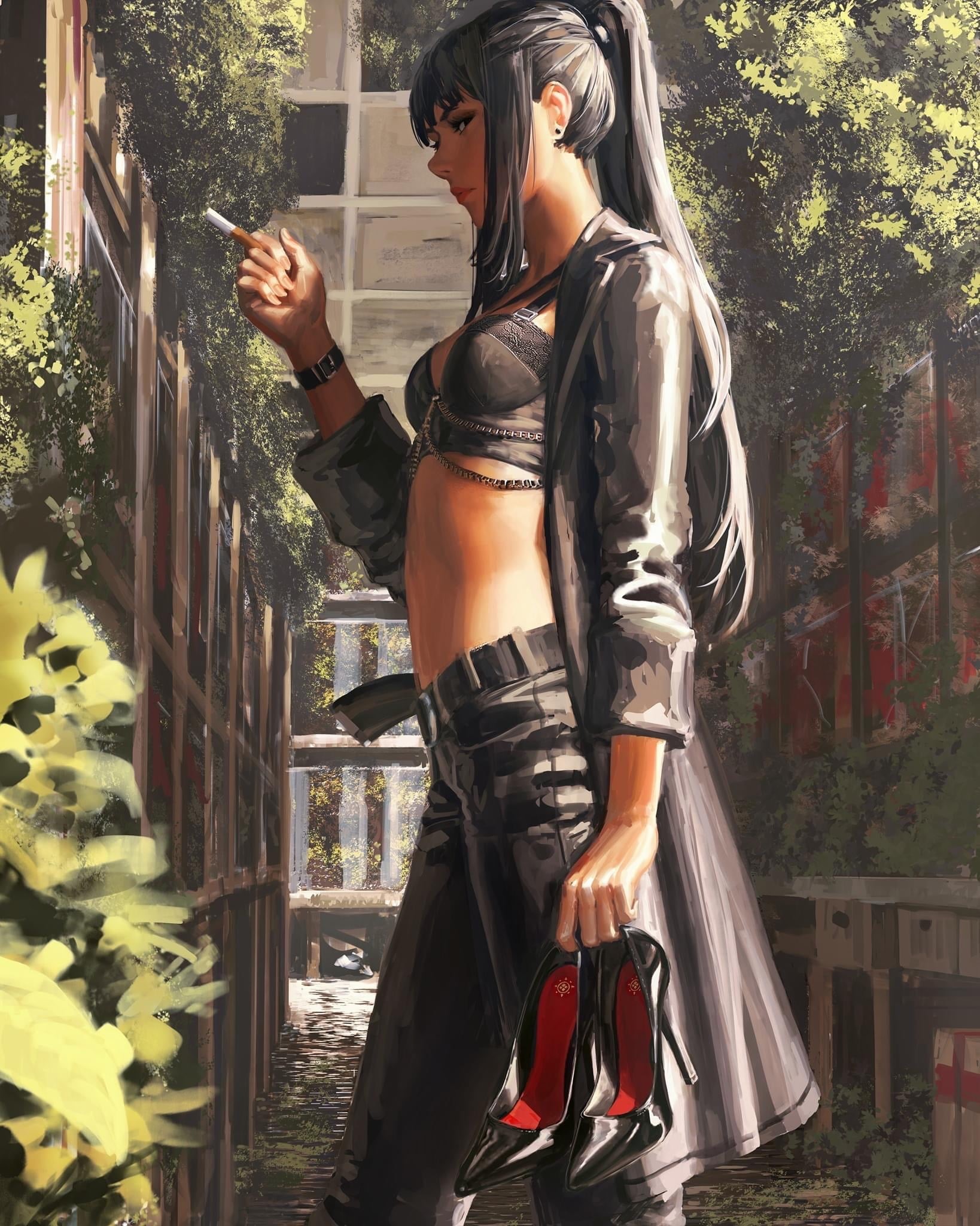 1080P, anime girls, smoking, anime, GUWEIZ, Phone HD Wallpaper