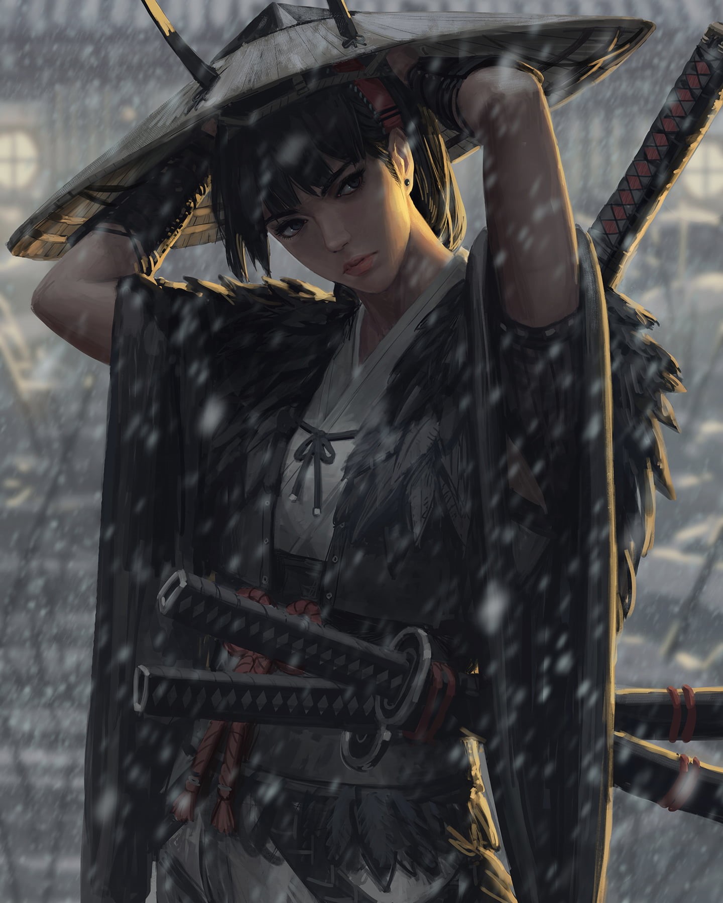 720P, shinobi, snow, katana, GUWEIZ, drawing, artwork, digital art, portrait display, Phone HD Wallpaper