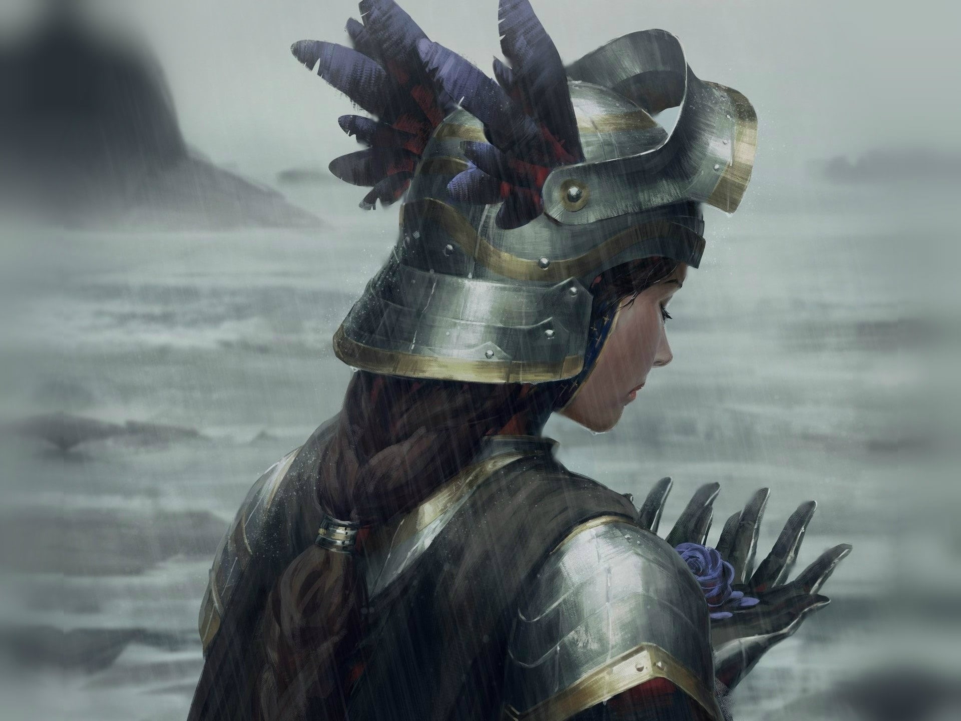 twilight, Valkyrie, 1080P, armor plate, art, cloudy weather, from the back, blue rose, woman warrior, Guweiz, helmet, the shower, HD Wallpaper