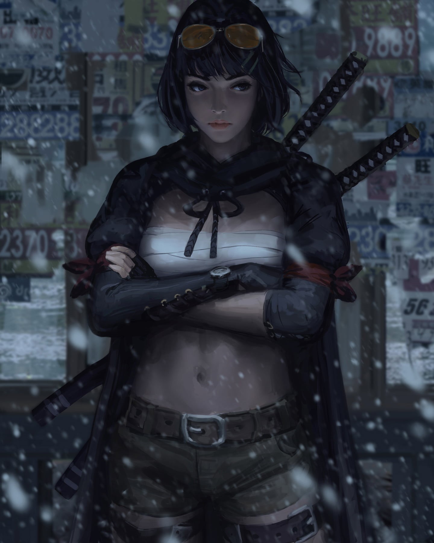 720P, Ronin, warrior girls, women, GUWEIZ, digital art, winter, Phone HD Wallpaper
