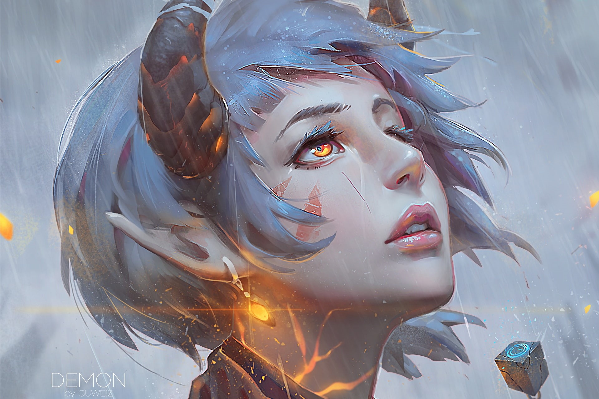 portrait of a girl, yellow eyes, blue hair, elf, fantasy, 1080P, horns, earrings, art, Guweiz, lights, HD Wallpaper
