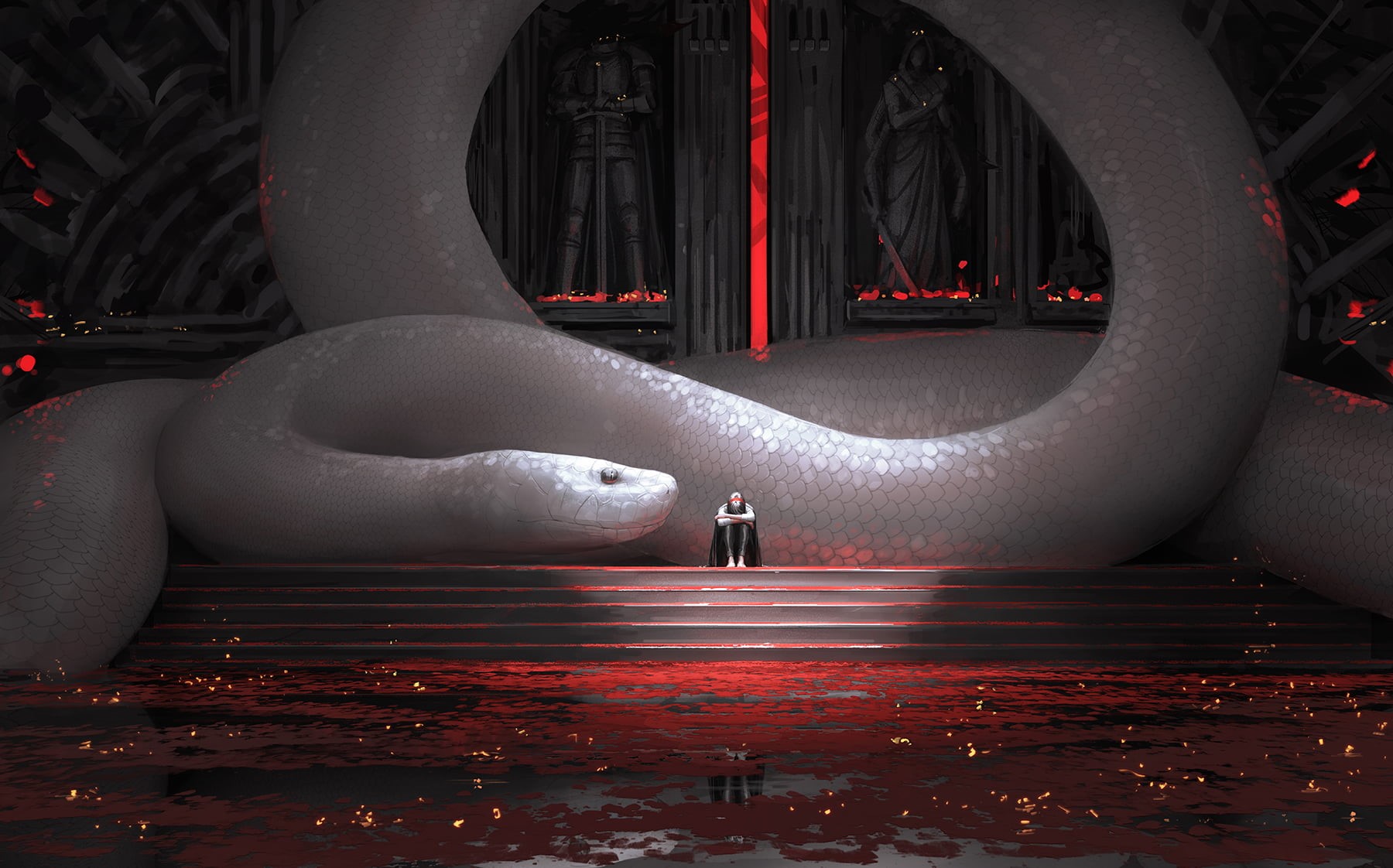 black clothing, snake, women, GUWEIZ, red leaves, Bad guys, white shirt, artwork, 720P, digital art, digital painting, HD Wallpaper