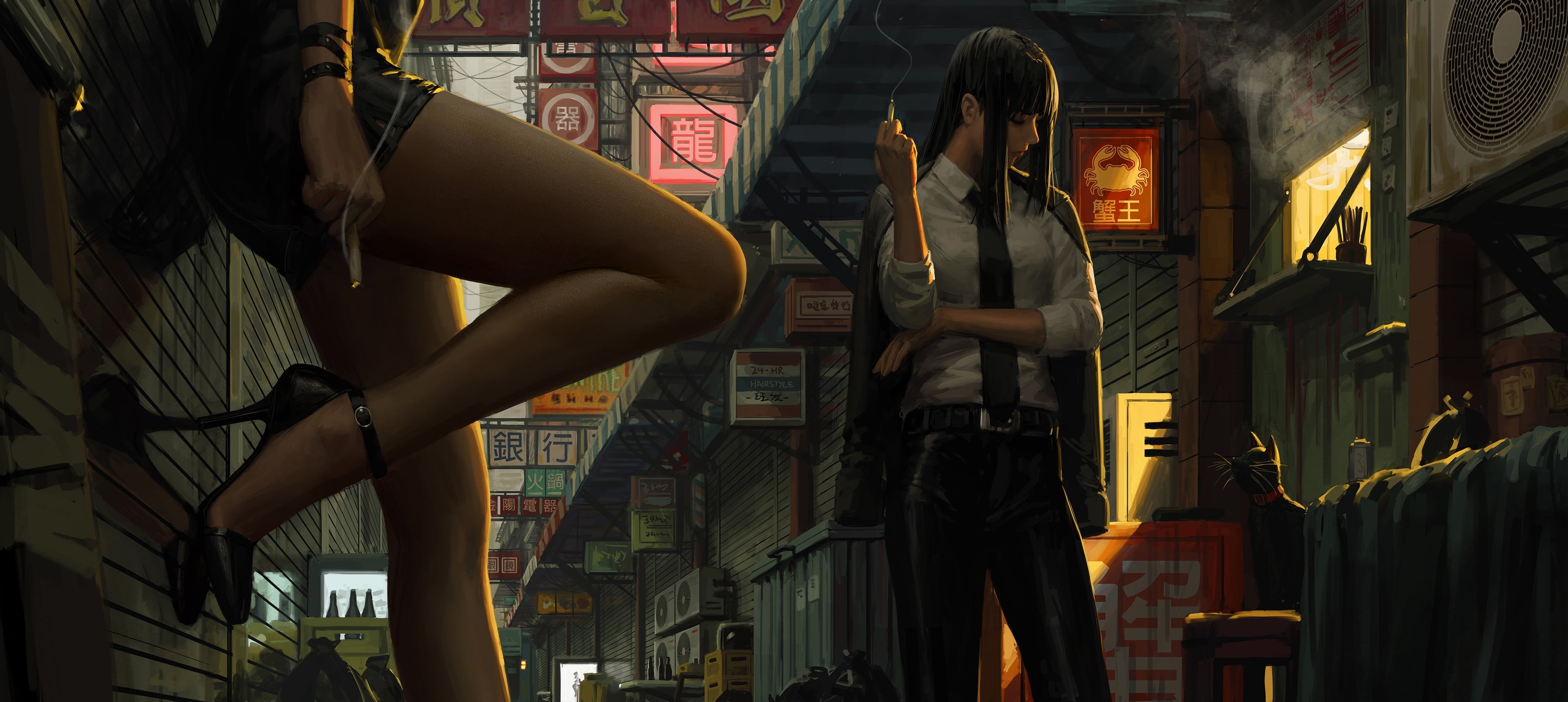 legs, Bad guys, artwork, women, digital art, GUWEIZ, 2K, smoking, HD Wallpaper