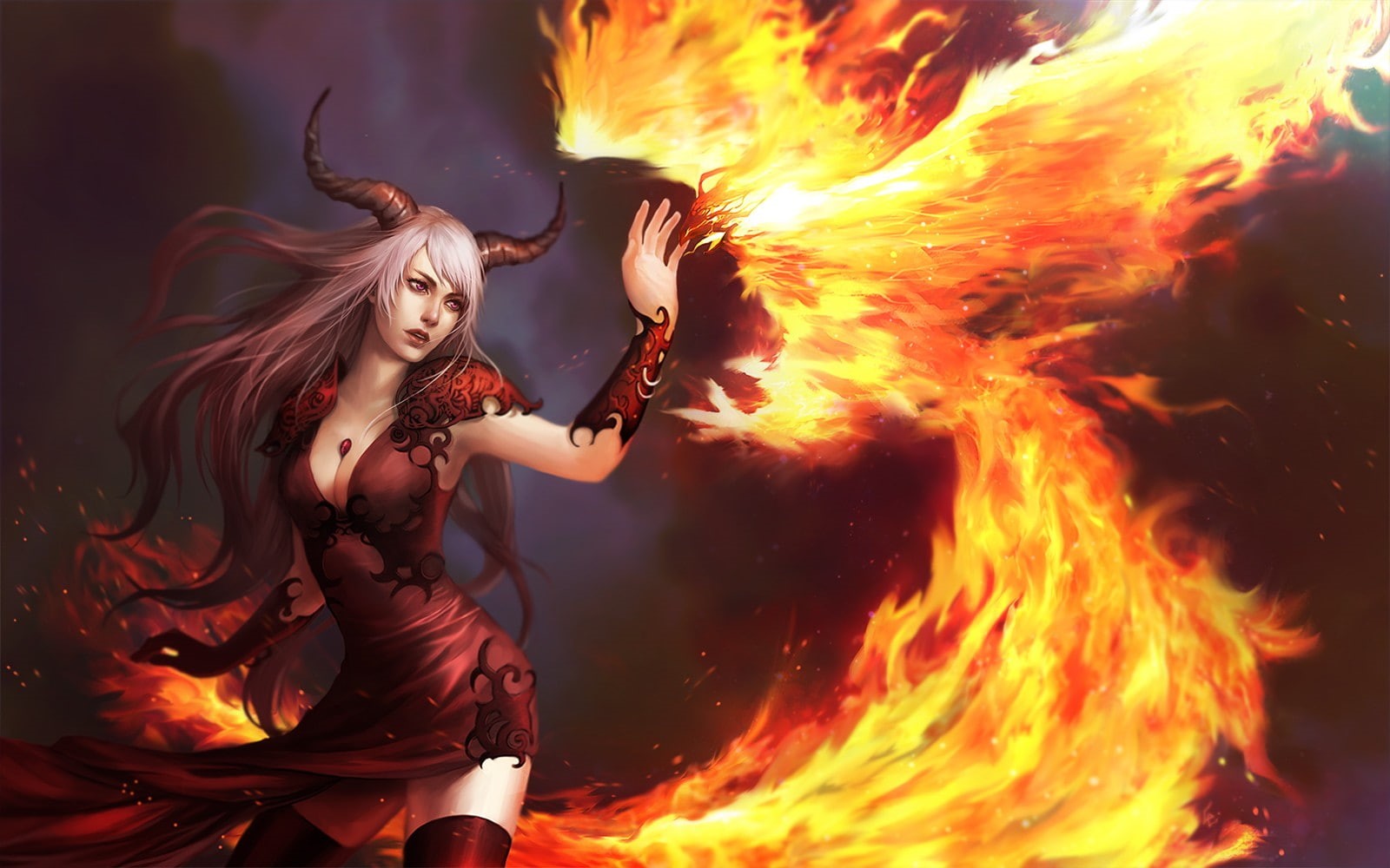 720P, grey hair, women, fire, fantasy girl, fantasy art, magic, demoness, phoenix, horns, HD Wallpaper