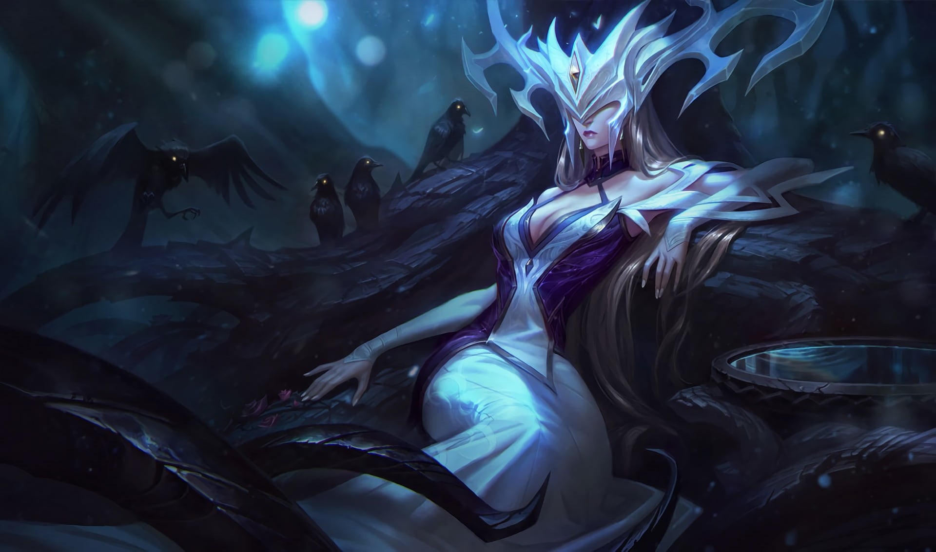 digital art, magic, dark, ice witch, artwork, crows, fantasy girl, fantasy, 1080P, Summoner Rift, horns, cleavage, Lissandra, tattoo, witch, fantasy art, HD Wallpaper