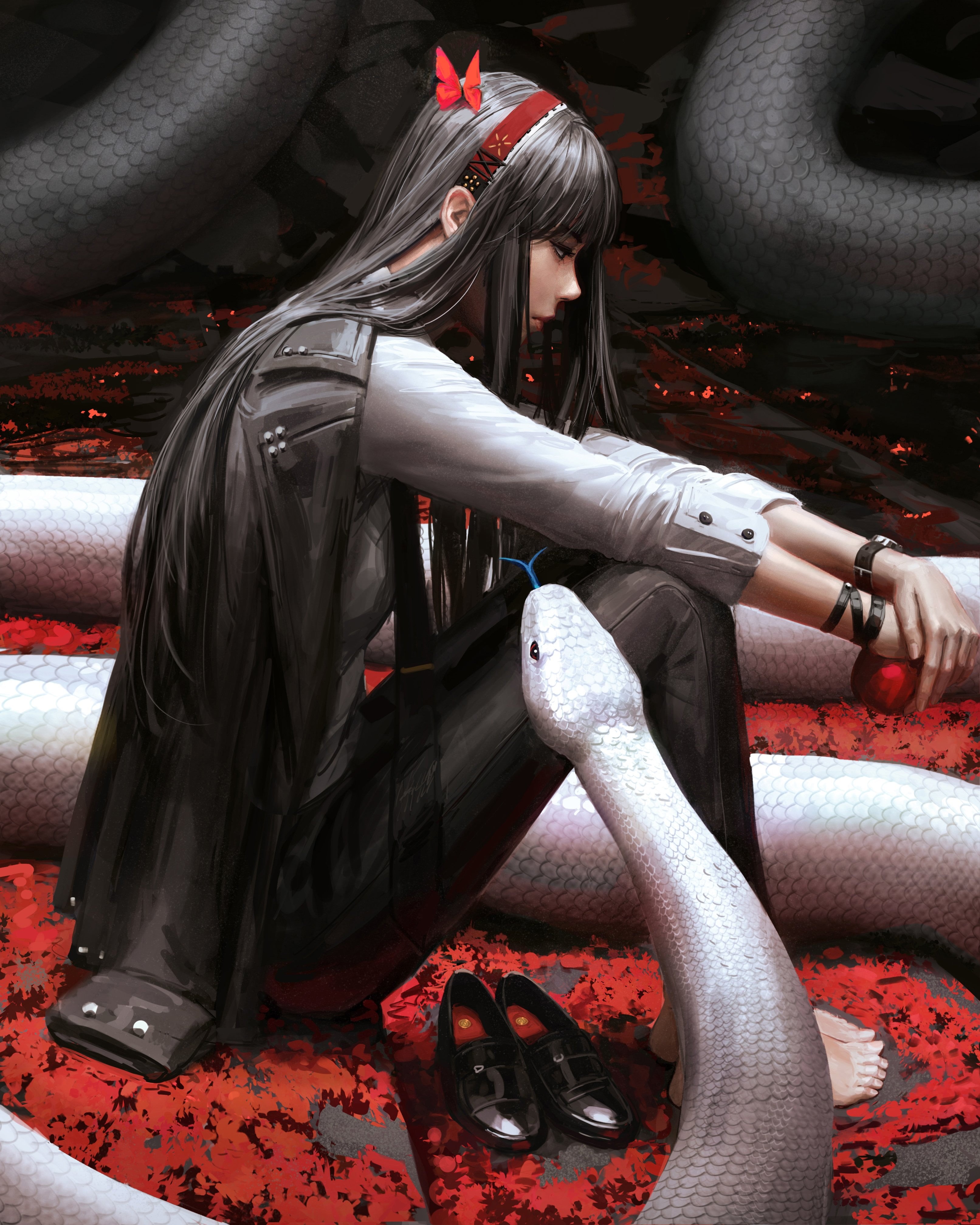 red leaves, GUWEIZ, Bad guys, white shirt, jacket, artwork, digital art, digital painting, women, black clothing, 4K, snake, Phone HD Wallpaper