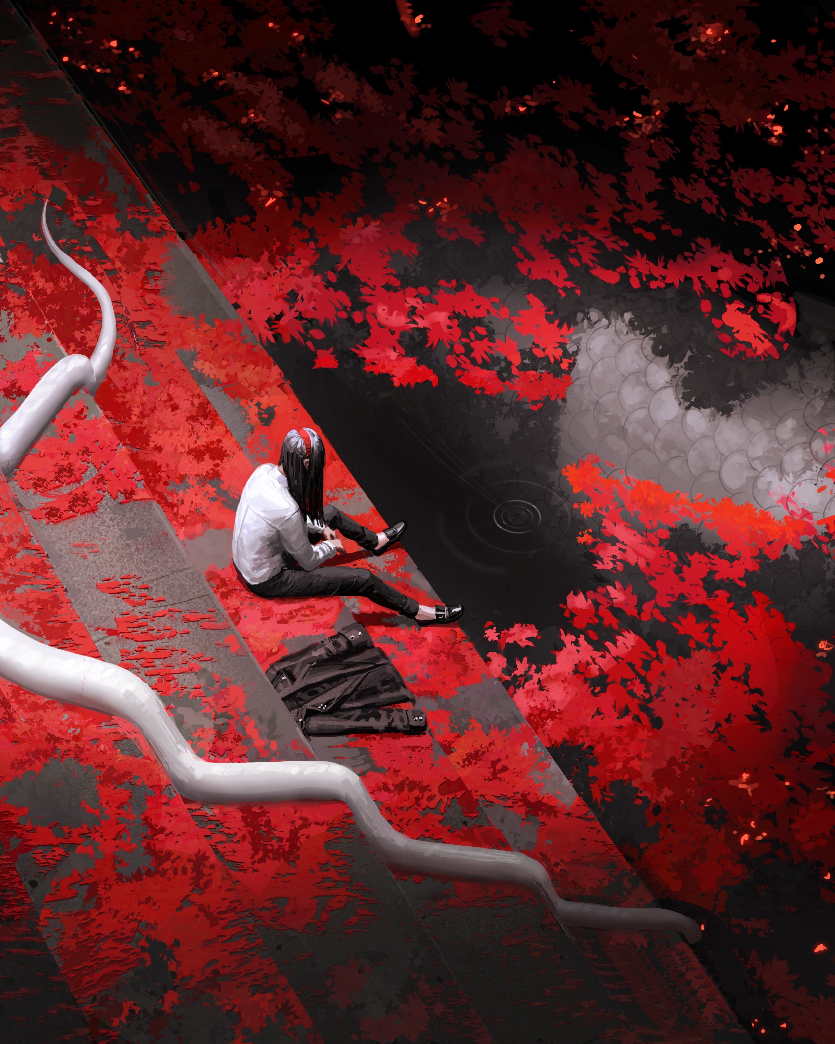 digital art, women, red leaves, black clothing, snake, digital painting, 4K, artwork, white shirt, jacket, GUWEIZ, Bad guys, Phone HD Wallpaper