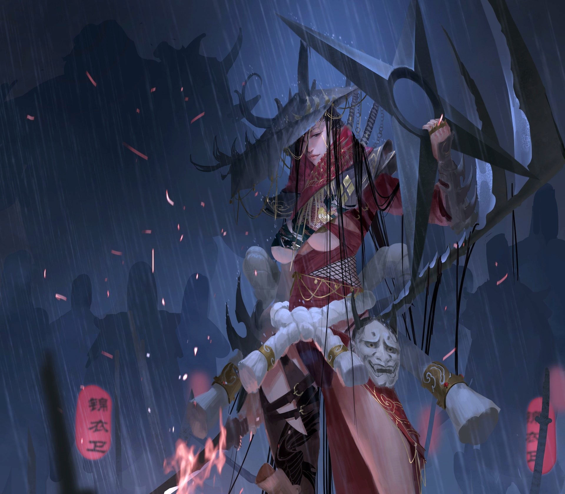 rain, magic, shadows, sword, horns, 1080P, hat, weapons, artwork, Witch, mask, fantasy, girl, fantasy art, HD Wallpaper