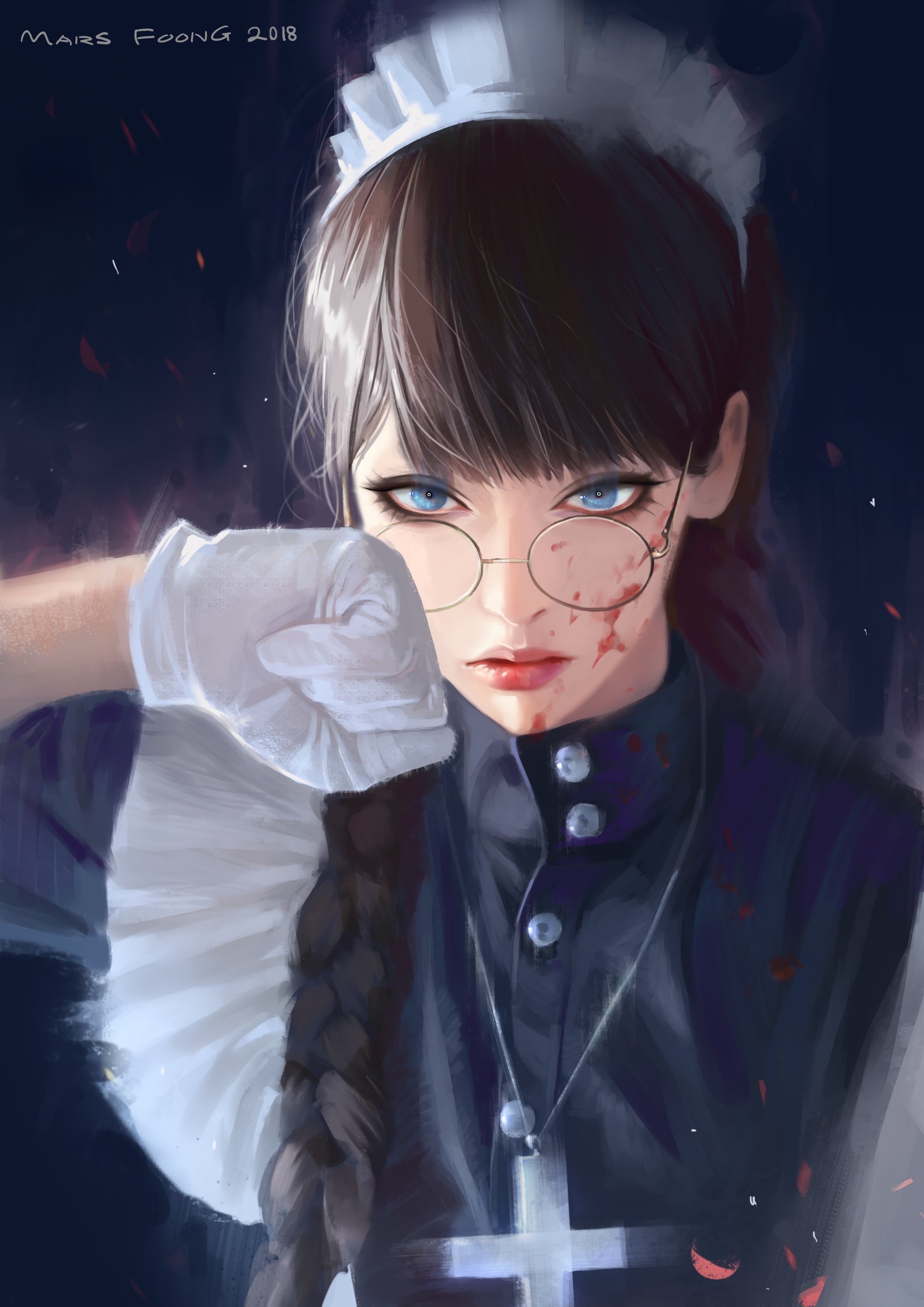 women with glasses, anime girls, braided hair, long hair, 2D, blood, looking at viewer, Roberta, maid outfit, rosary beads, Black Lagoon, 2K, fan art, Phone HD Wallpaper