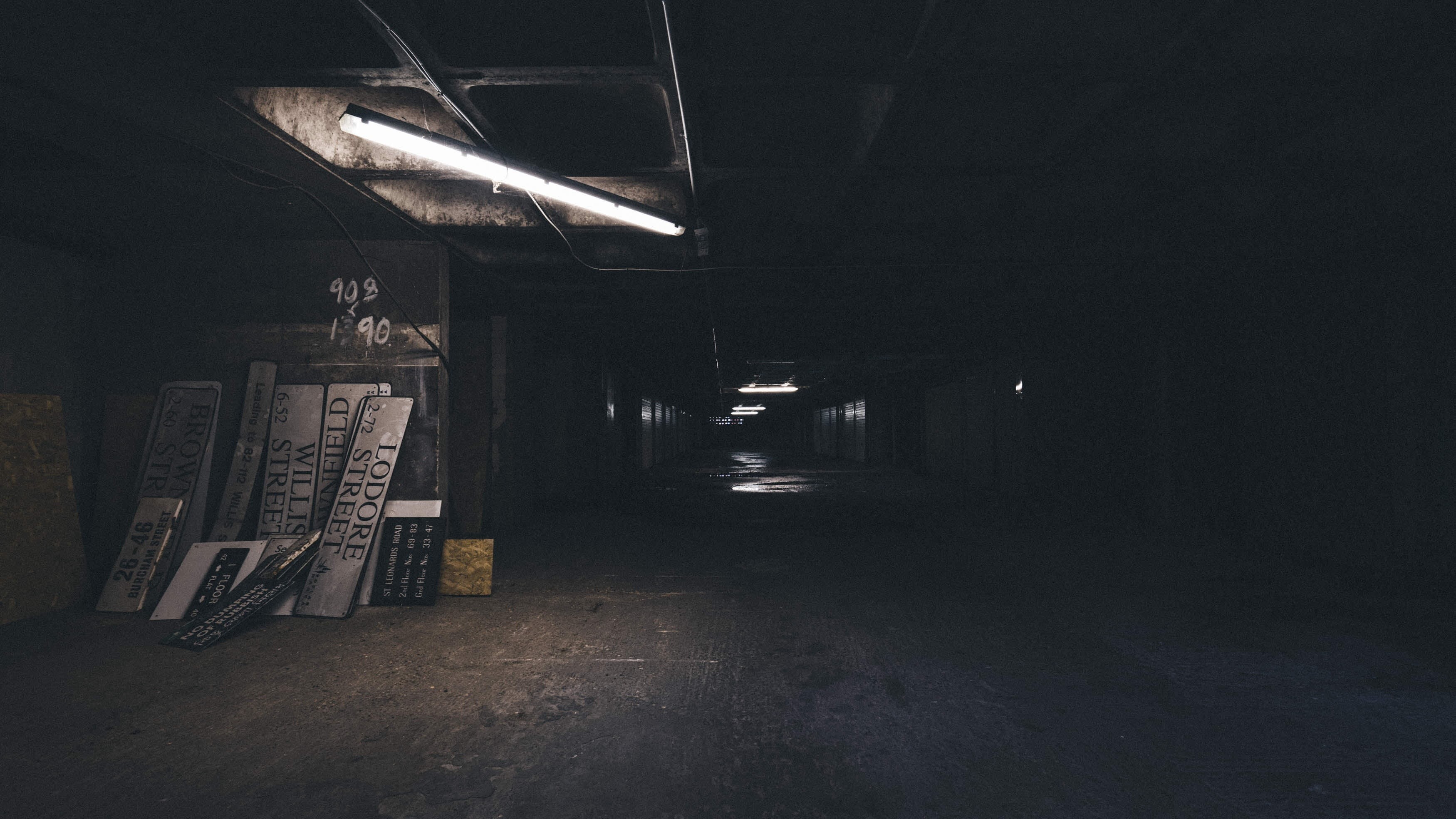 music, built structure, empty, seat, parking garage, nature, basement, bench, lighting equipment, 2K, dark, signboards, light, no people, spooky, indoors, HD Wallpaper