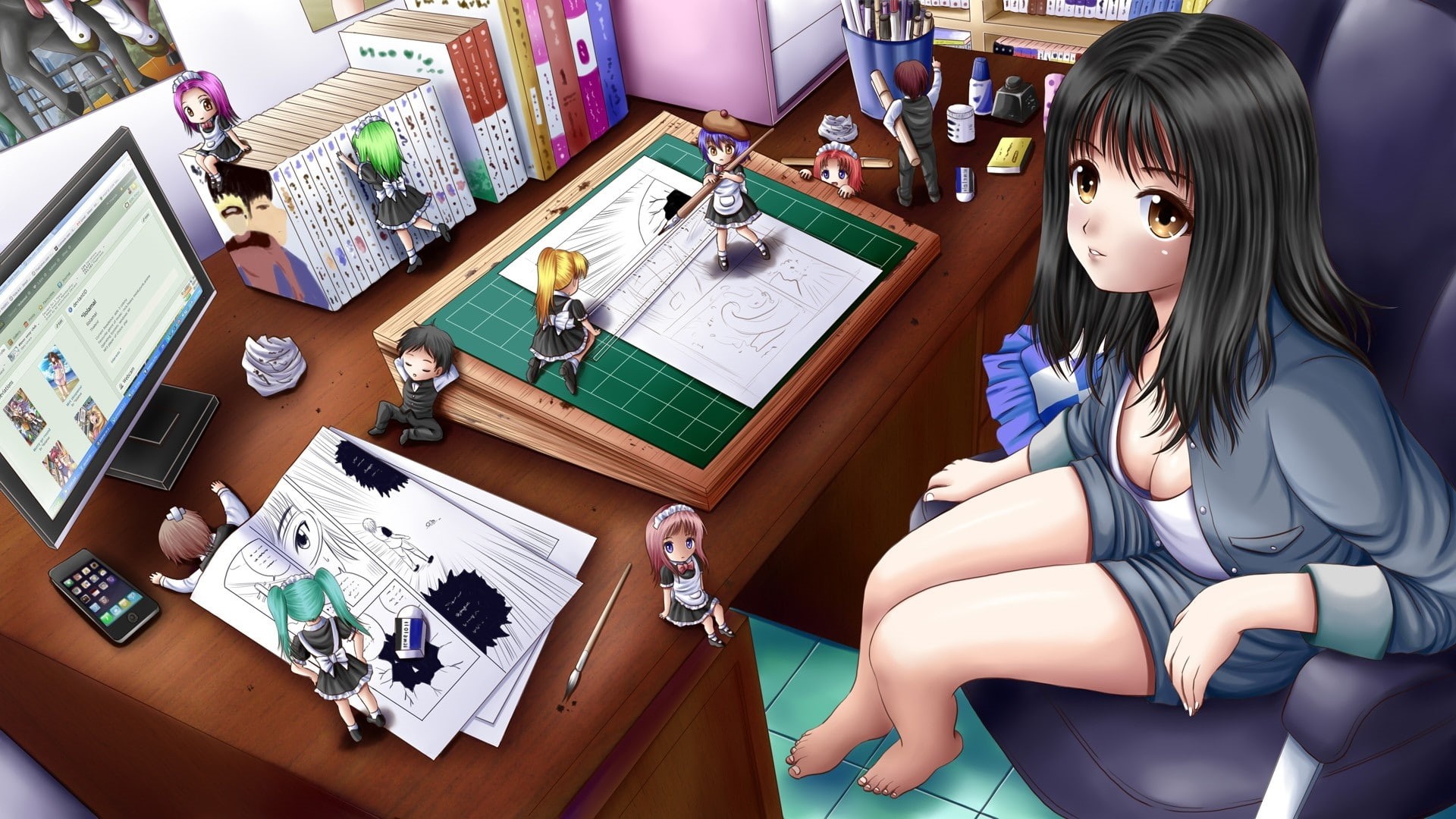 anime, musume, INDOORS, hot, room, art, Computers, girls, 1080P, hd, oekaki, x, HD Wallpaper