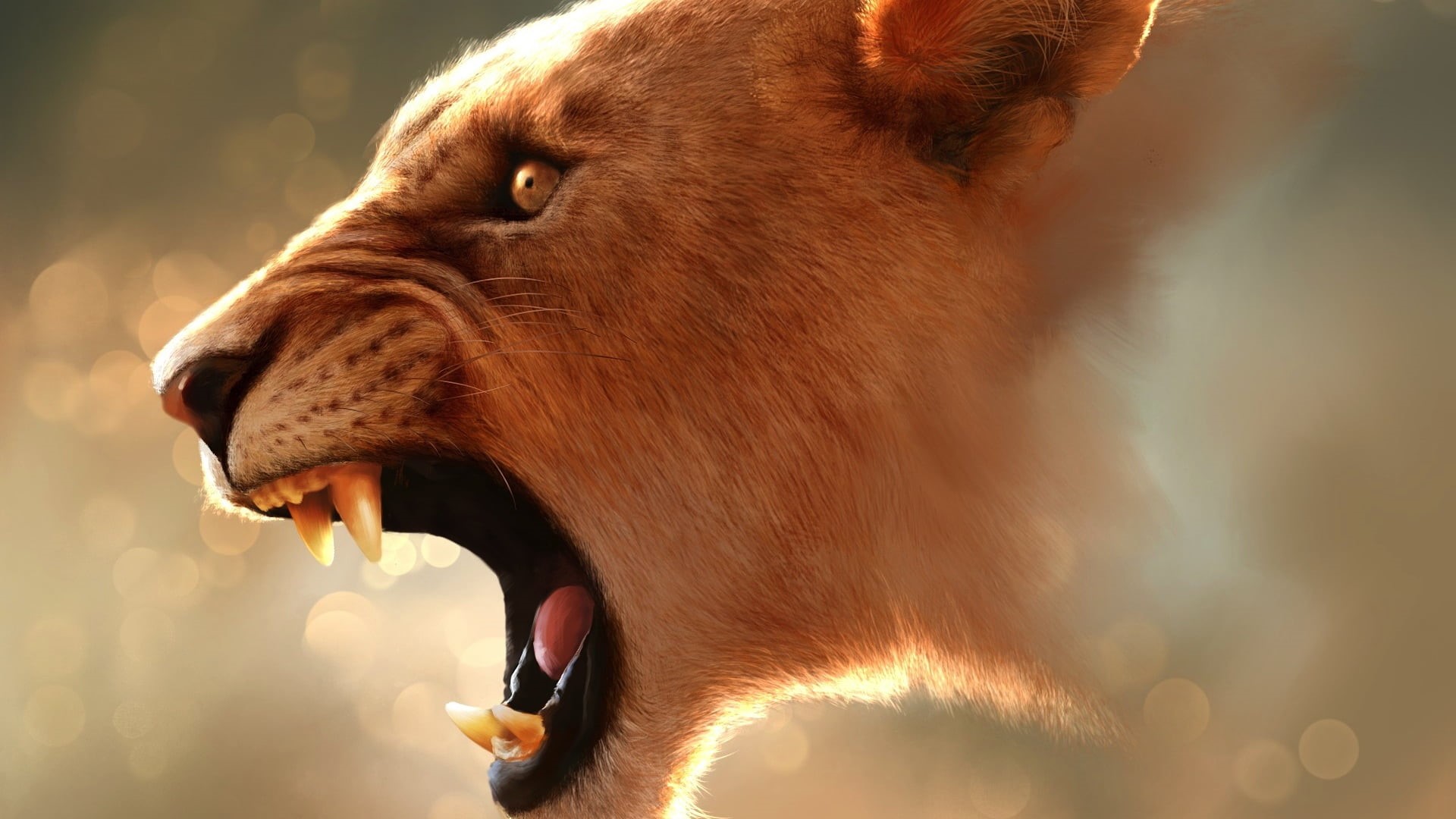 animals, big cats, looking away, lioness, focus on foreground, close-up, aggression, animal mouth, mouth open, vertebrate, no people, adult, mammal, digital art, HD Wallpaper