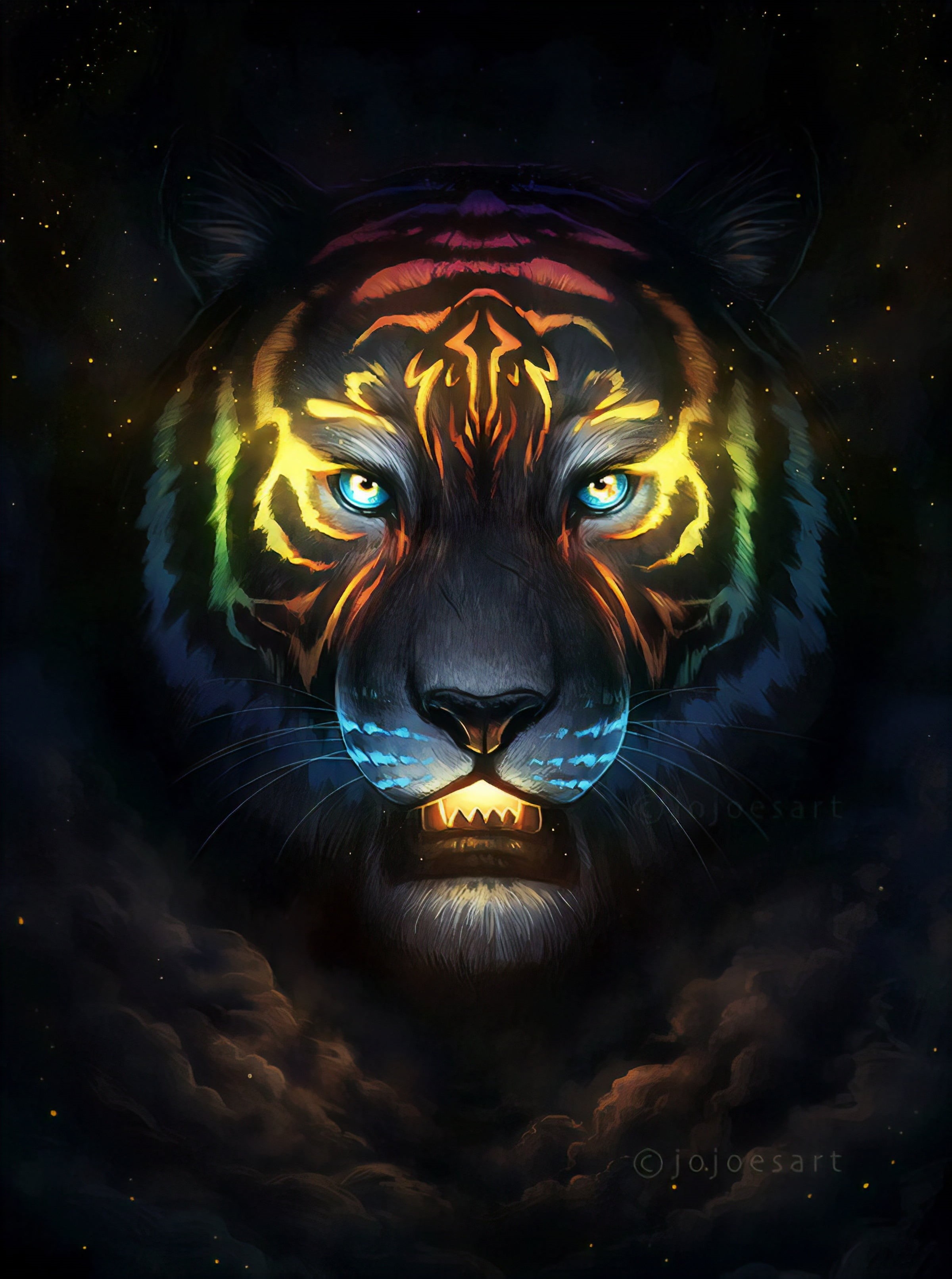 no people, digital composite, outdoors, close-up, eye, tiger, one animal, looking at camera, ornate, clouds, art and craft, animal wildlife, black background, Phone HD Wallpaper