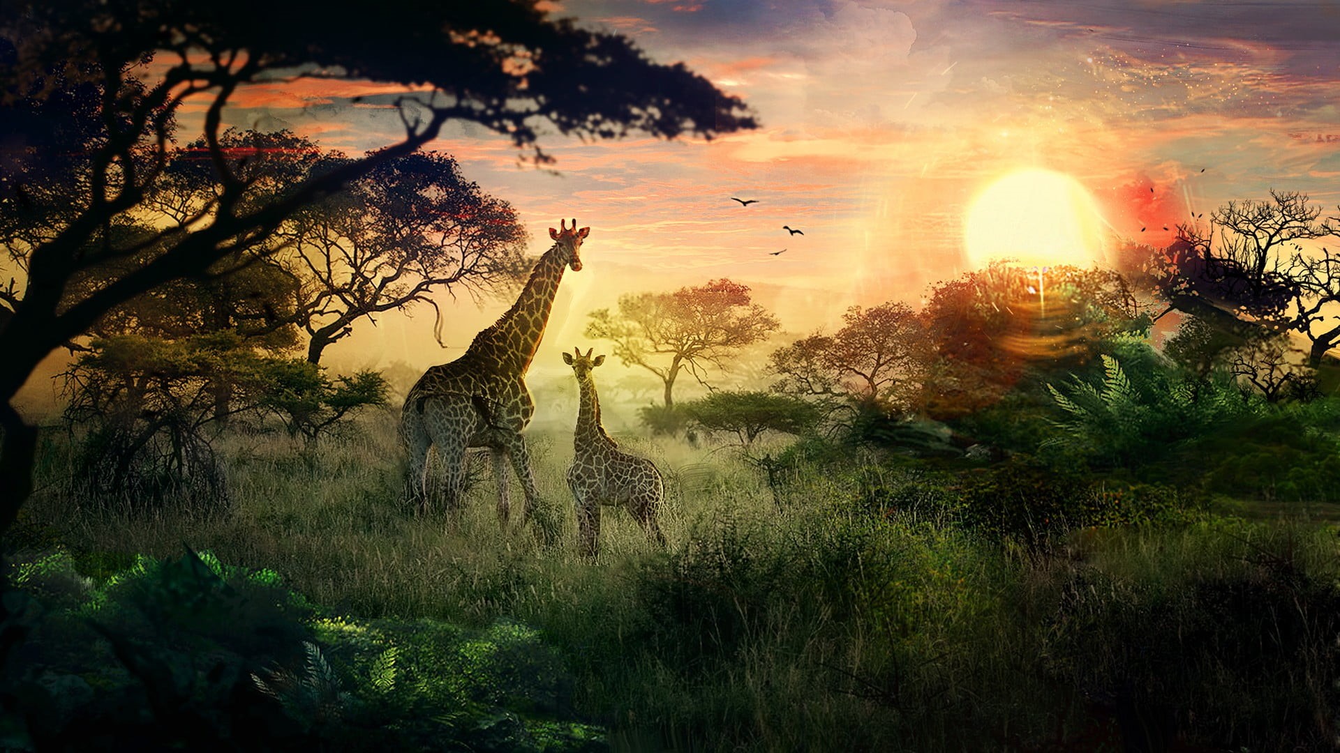 outdoors, tree, sunbeam, non-urban scene, brown, landscape, scenics - nature, tranquility, plant, giraffes, idyllic, animals, DeviantArt, sky, nature, growth, HD Wallpaper