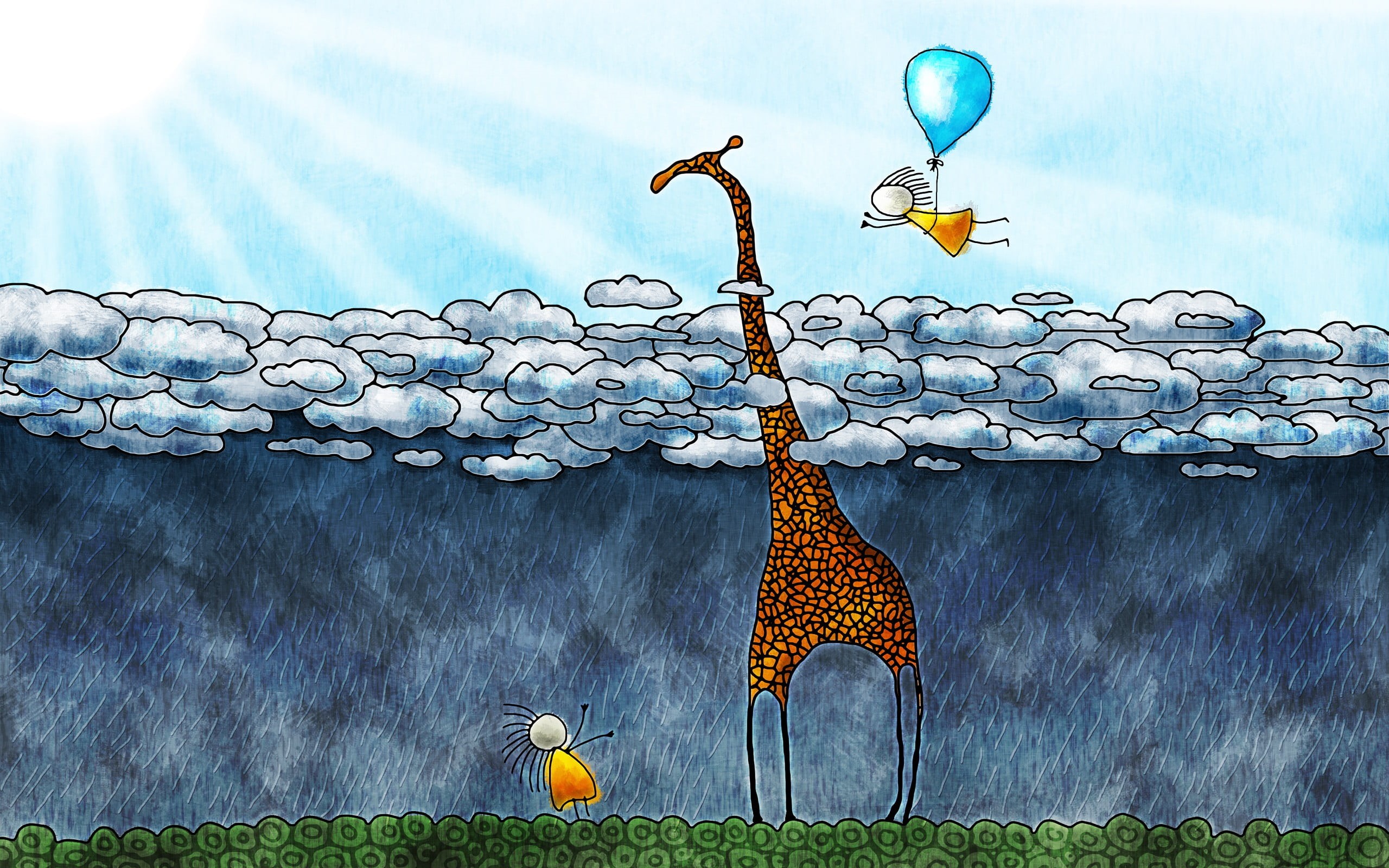 giraffes, lighting equipment, no people, environment, balloon, sun rays, nature, artwork, cloud - sky, outdoors, sunlight, built structure, two, children, HD Wallpaper