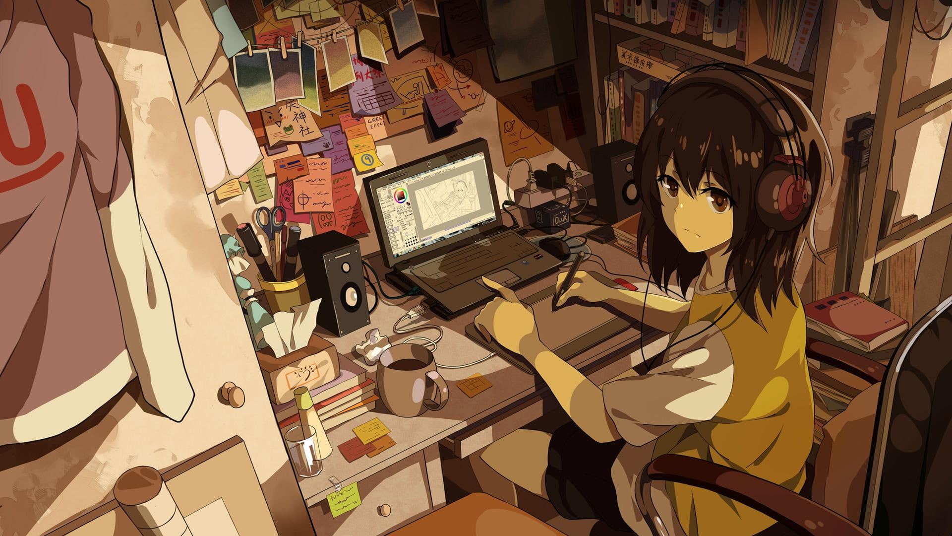 drawing, rooms, 1080P, laptop, anime girls, headphone, girls, anime, HD Wallpaper