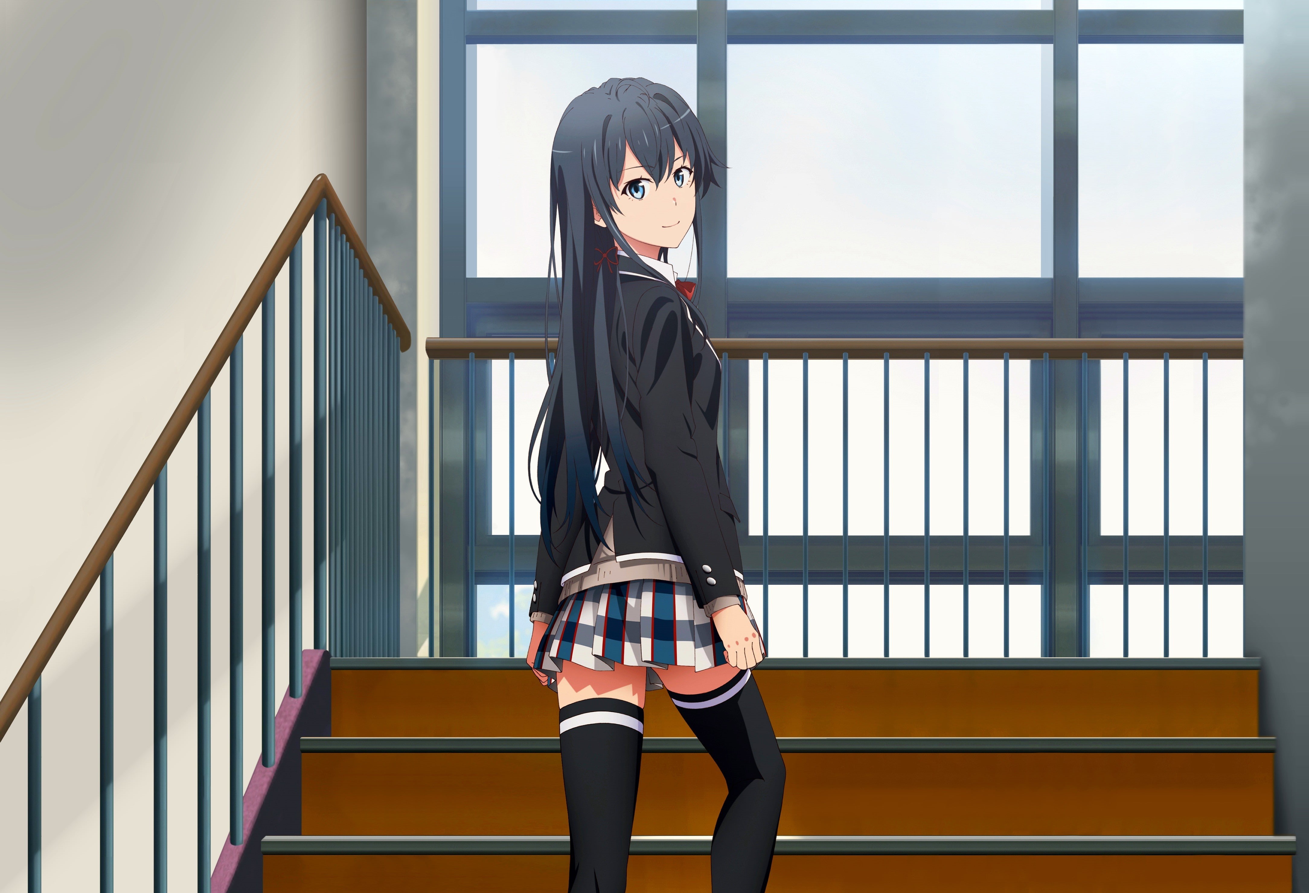 black hair, stockings, anime girls, Yahari Ore no Seishun Love Comedy wa Machigatteiru, 4K, skirt, anime, long hair, thigh-highs, blue eyes, Yukinoshita, HD Wallpaper