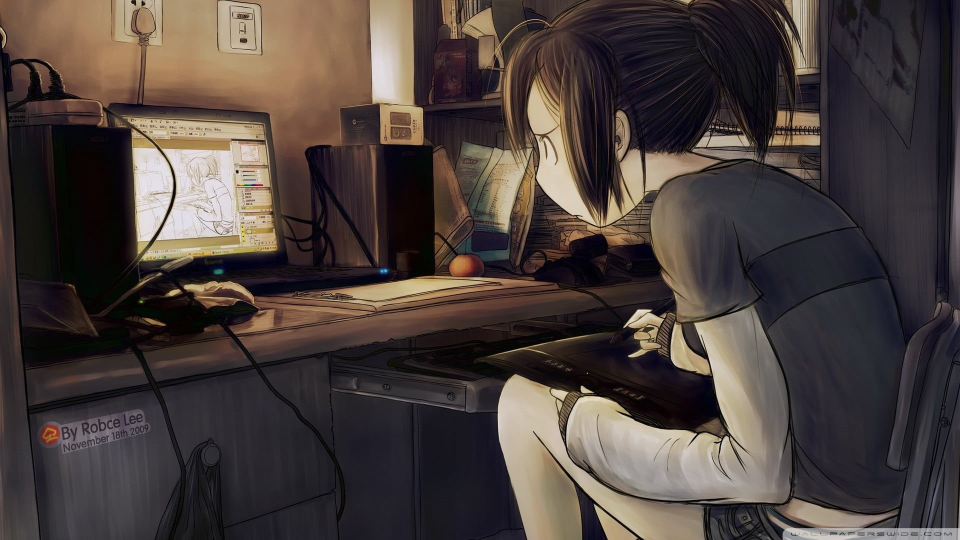 anime, 1080P, artwork, one person, computer, computer monitor, indoors, adult, office, computer equipment, casual clothing, side view, real people, hood - clothing, HD Wallpaper
