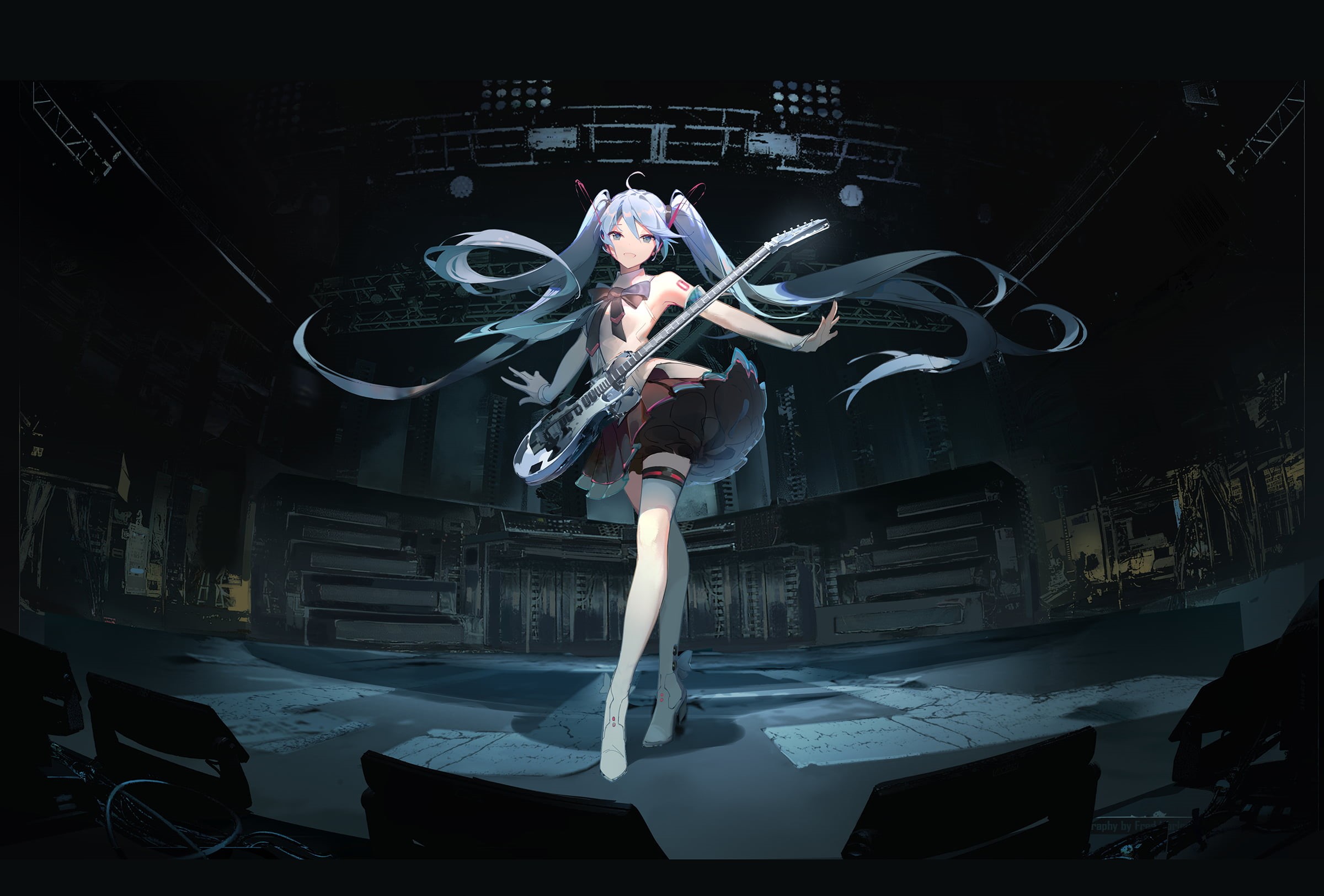 ponytail, full length, one person, adult, clothing, anime girls, young women, illuminated, leisure activity, indoors, Hatsune Miku, young adult, women, HD Wallpaper