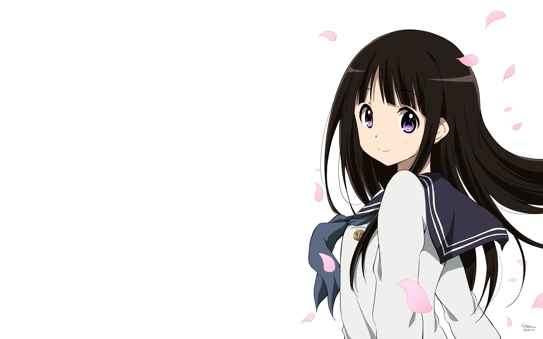 seifuku, 720P, black, chitanda, hyouka, com, hair, white, 239847, konachan, petals, eyes, purple, ragho, long, eru, erika, HD Wallpaper